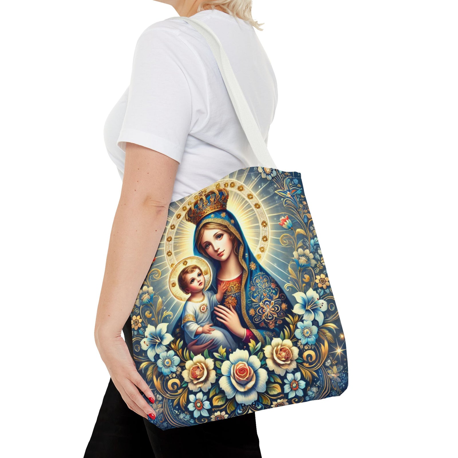 Virgin Mary Baby Jesus Floral Folk Art Tote Bag