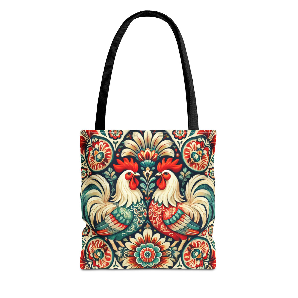 The Retro Polish Chicken Pattern Tote Bag is a durable polyester black tote featuring two stylized roosters, intricate floral designs in red, green, gold, and cream, plus sleek black handles.