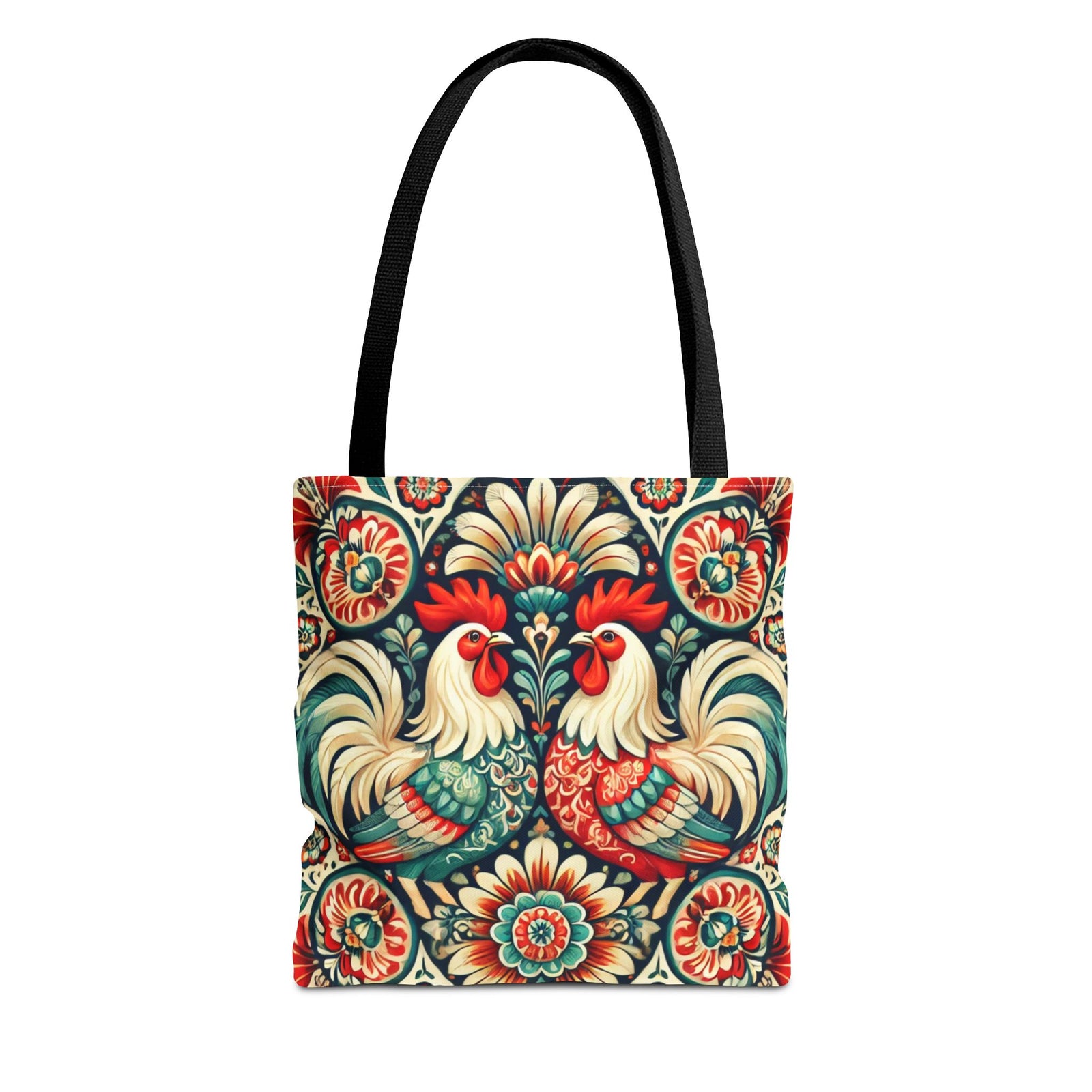 The Retro Polish Chicken Pattern Tote Bag is a durable polyester black tote featuring two stylized roosters, intricate floral designs in red, green, gold, and cream, plus sleek black handles.