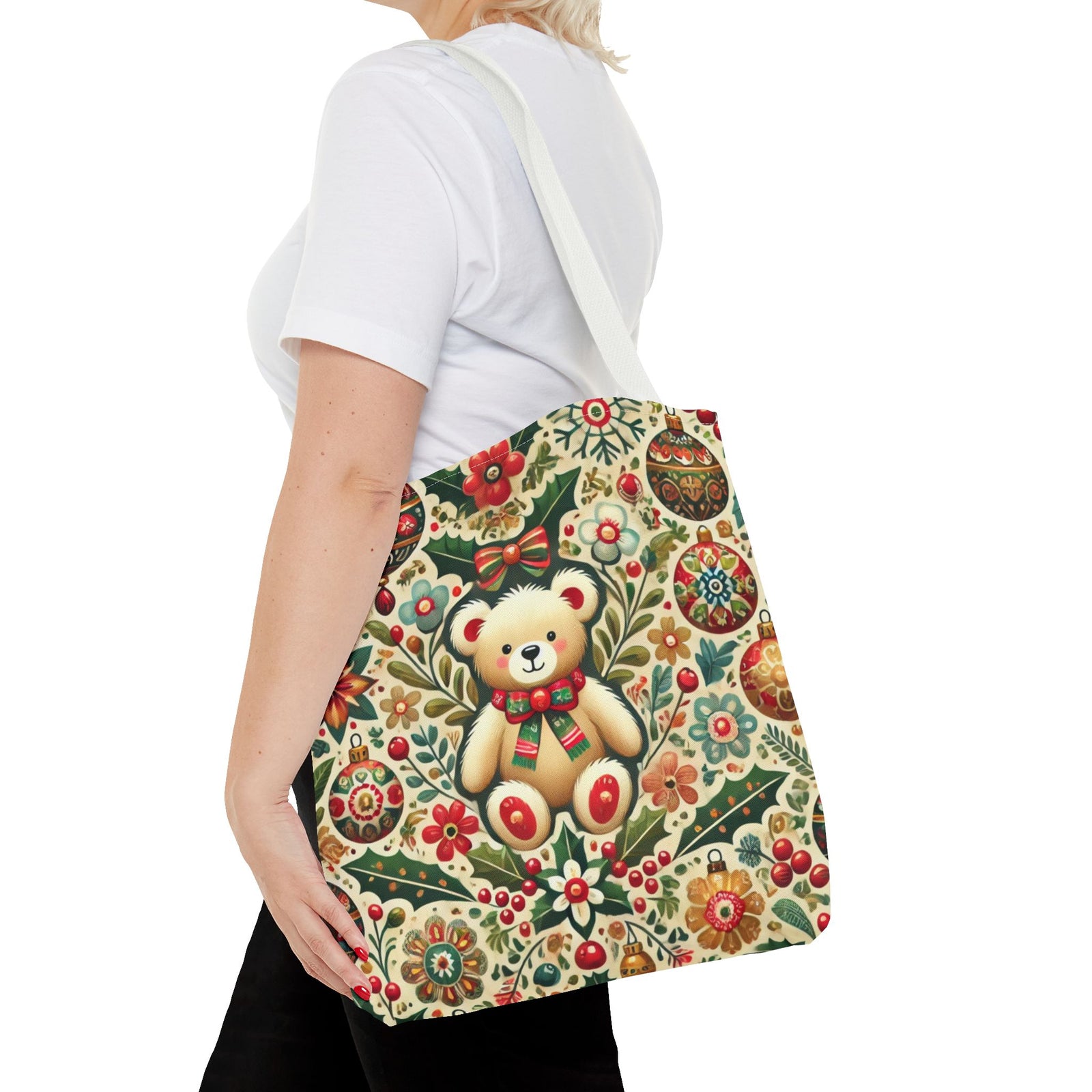 Festive Teddy Bear Folk Art Christmas Holiday Tote Bag