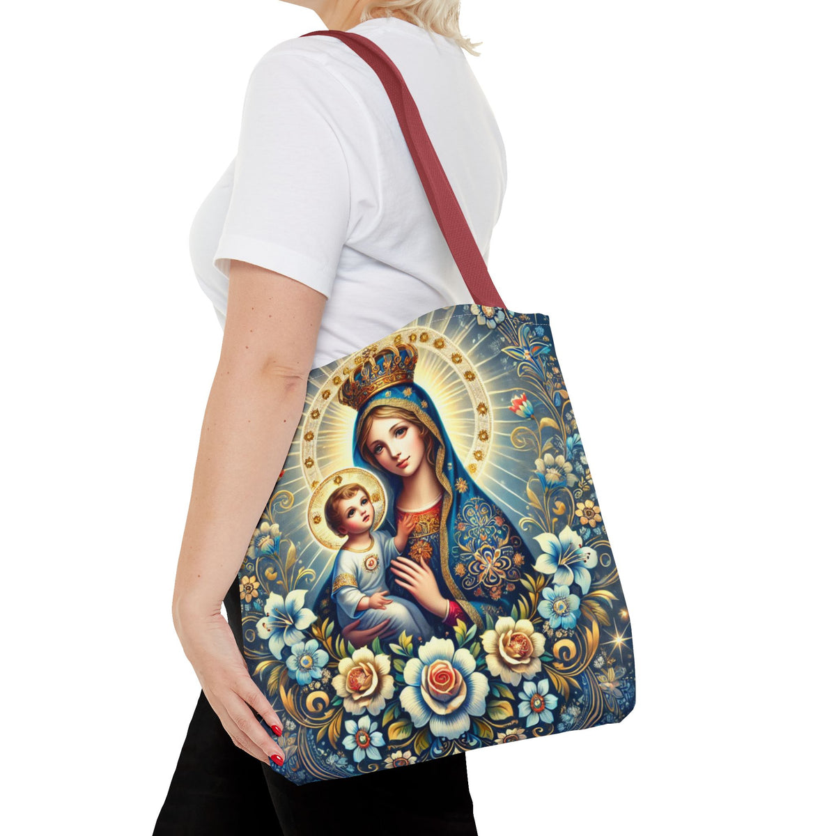 Virgin Mary Baby Jesus Floral Folk Art Tote Bag