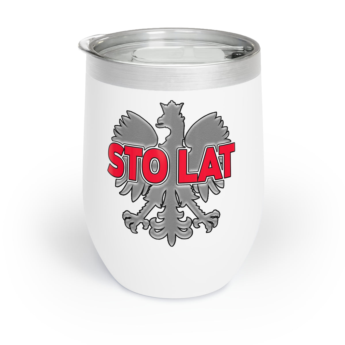 The Sto Lat Wine Tumbler is a white insulated tumbler with a silver lid, featuring a gray Polish eagle emblem and &quot;STO LAT&quot; in bold red letters across the center.