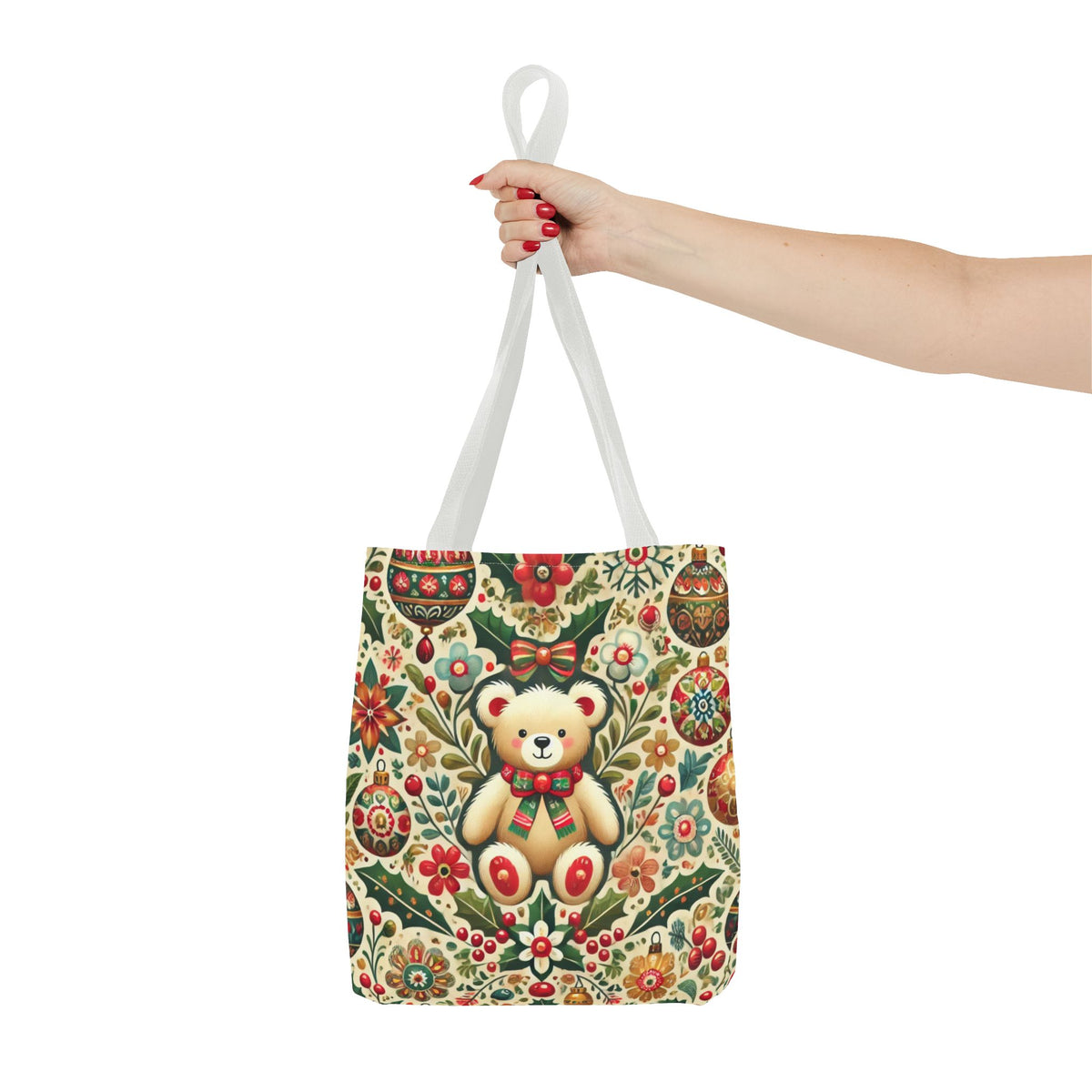 Festive Teddy Bear Folk Art Christmas Holiday Tote Bag