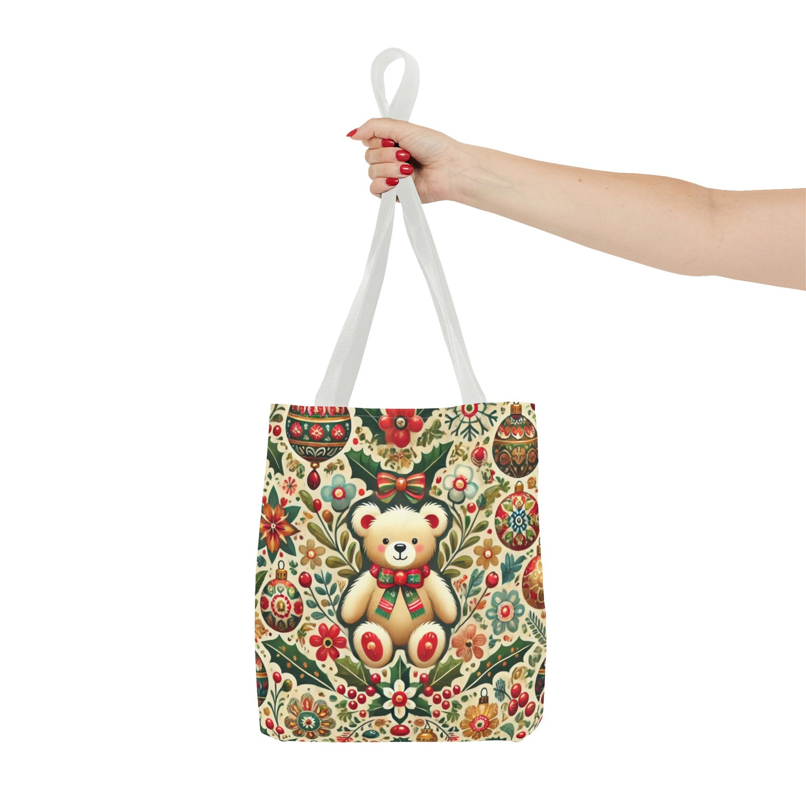Festive Teddy Bear Folk Art Christmas Holiday Tote Bag