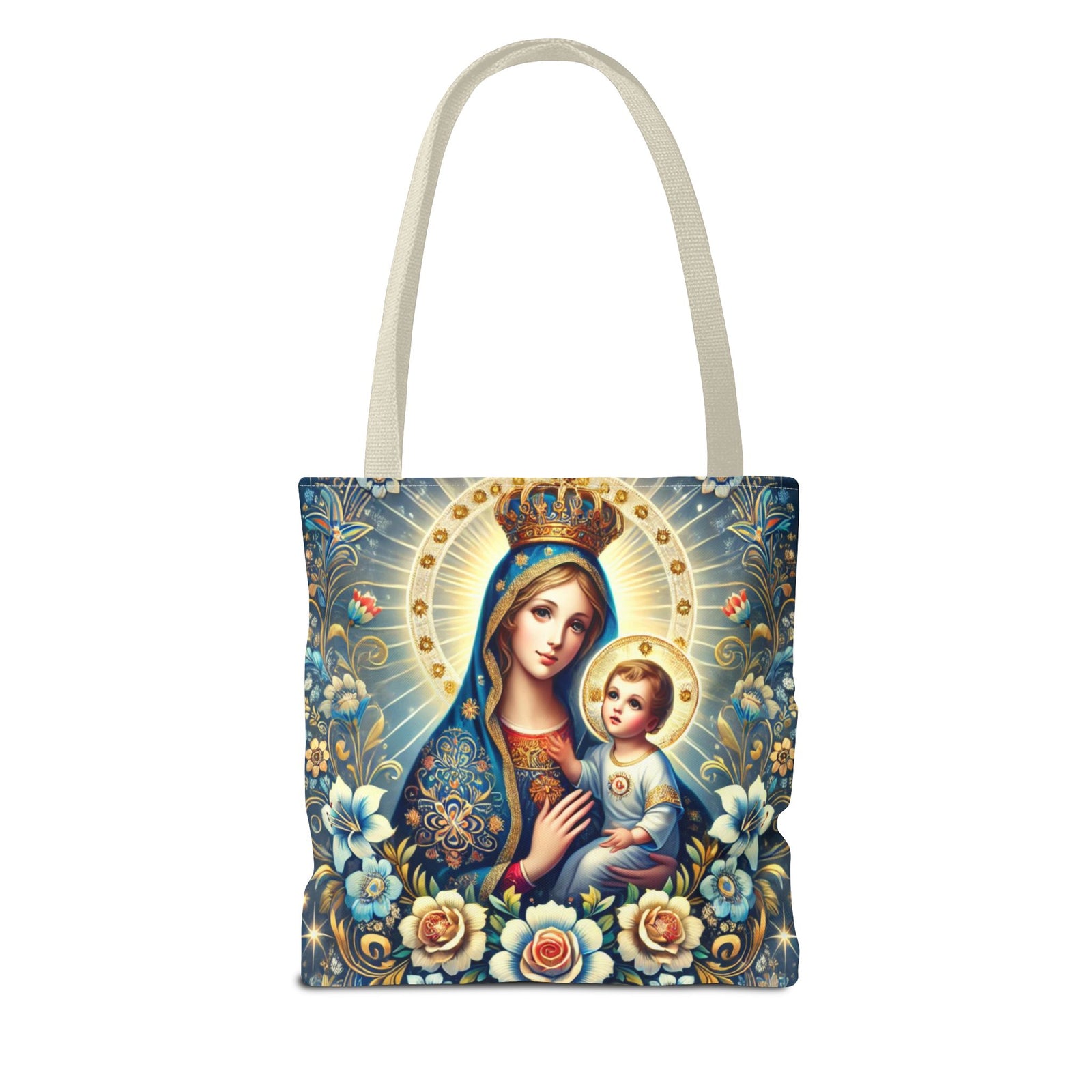 Virgin Mary Baby Jesus Floral Folk Art Tote Bag