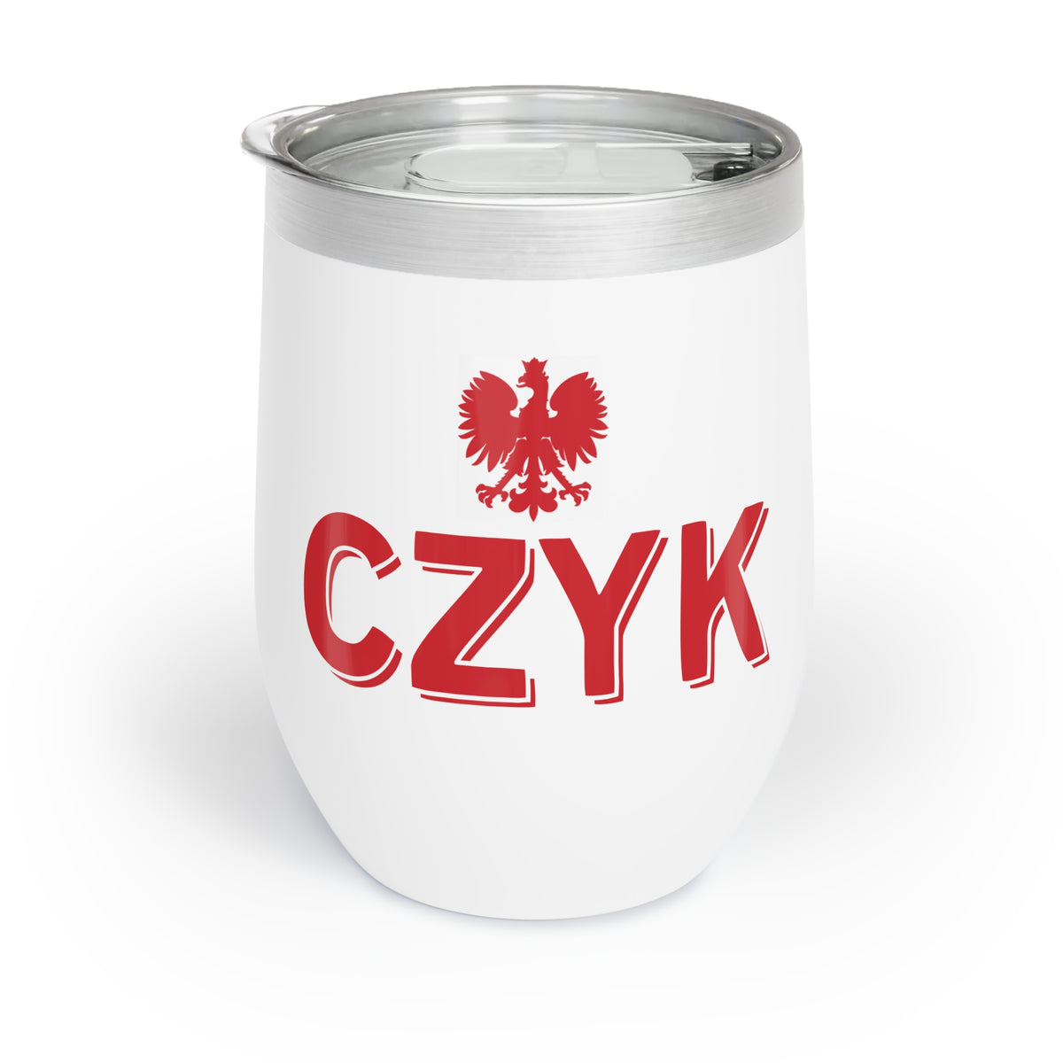 The CZYK Polish Surname Ending Wine Tumbler is a white stainless steel tumbler with a clear lid, showcasing a red eagle emblem above bold red &quot;CZYK&quot; on the front. Vacuum insulated to keep drinks at the right temperature.