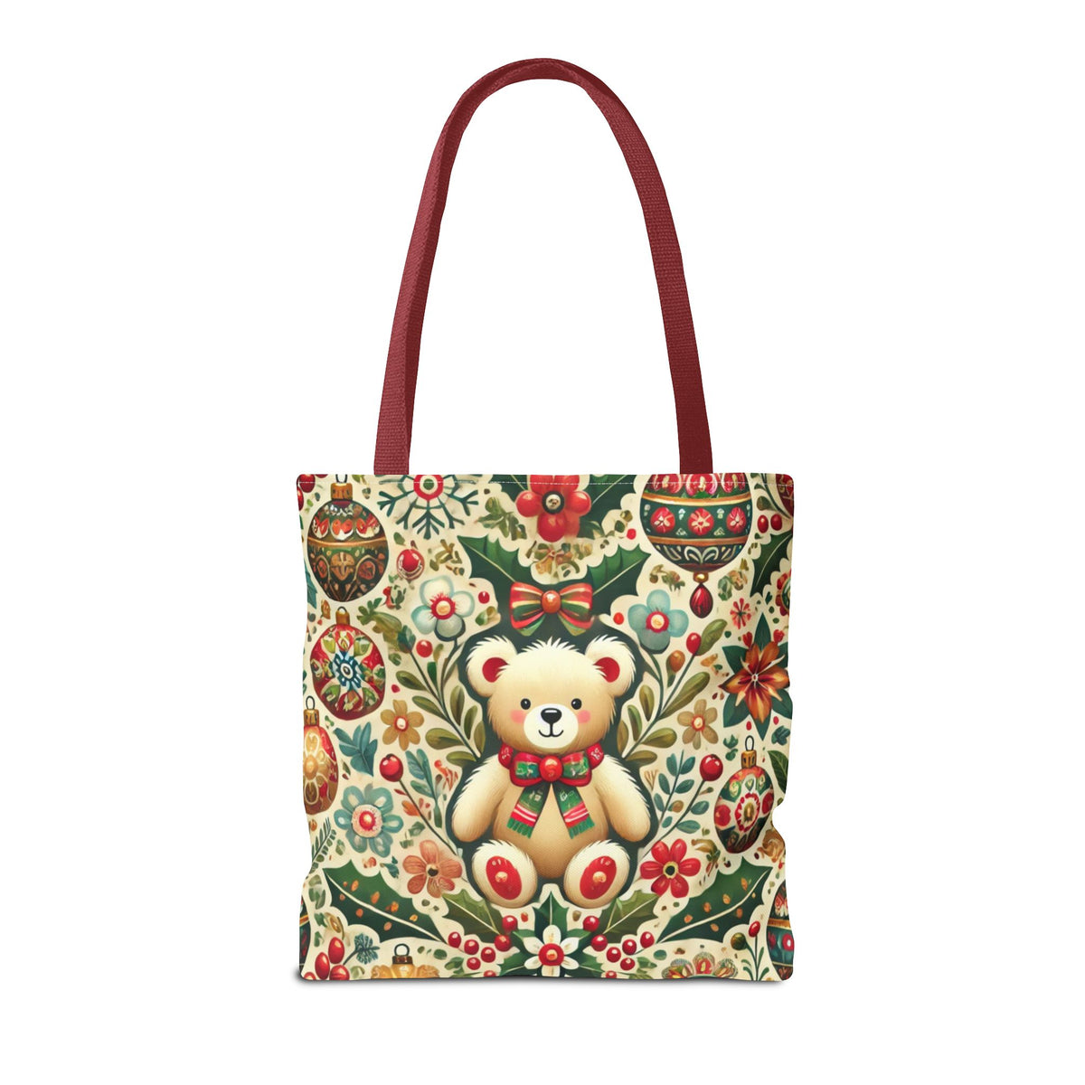 Festive Teddy Bear Folk Art Christmas Holiday Tote Bag