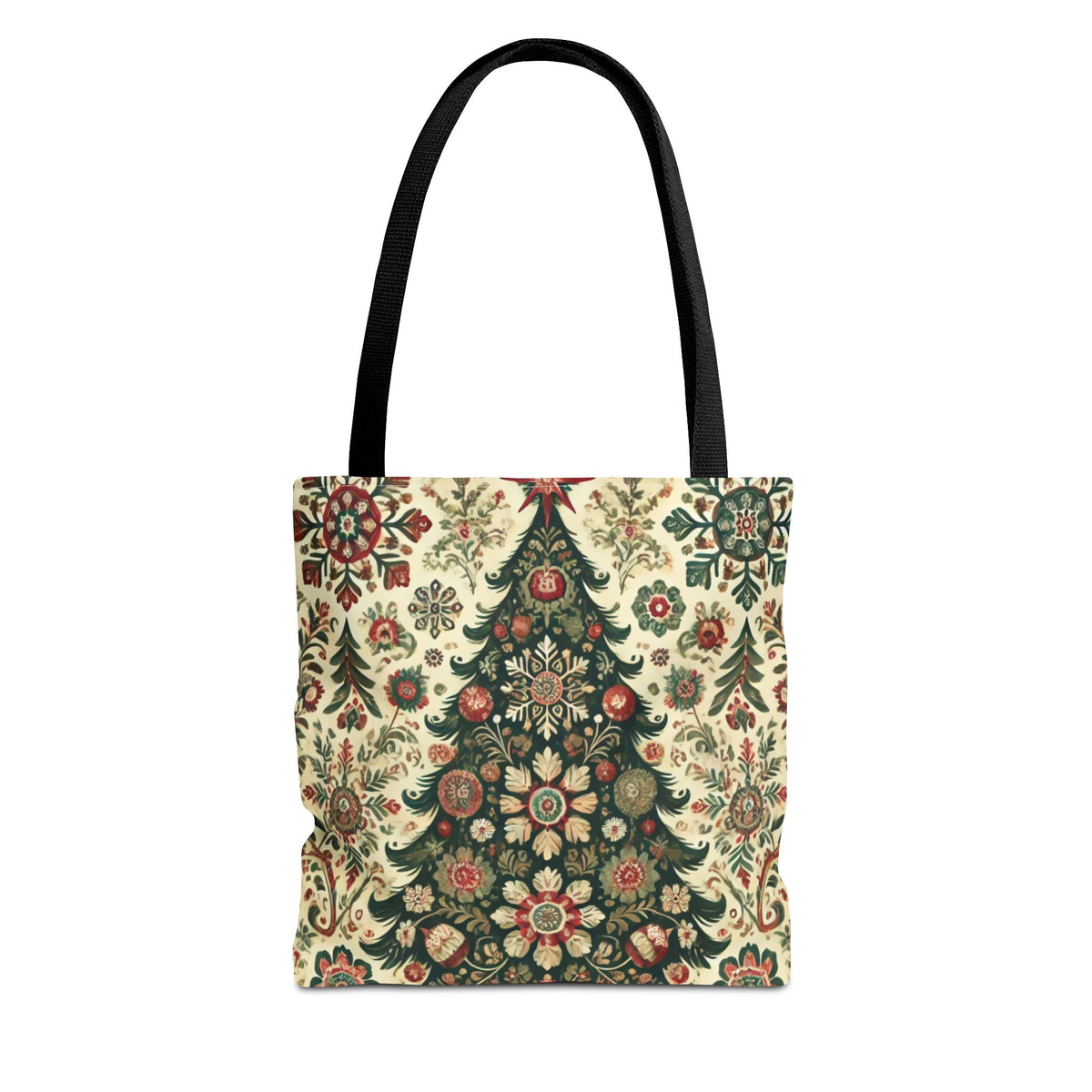 The Vintage Christmas Trees Polish Folk Art Pattern Tote Bag features festive Christmas trees with floral and snowflake designs on a cream background. This durable polyester tote has sturdy black handles and comes in black color.