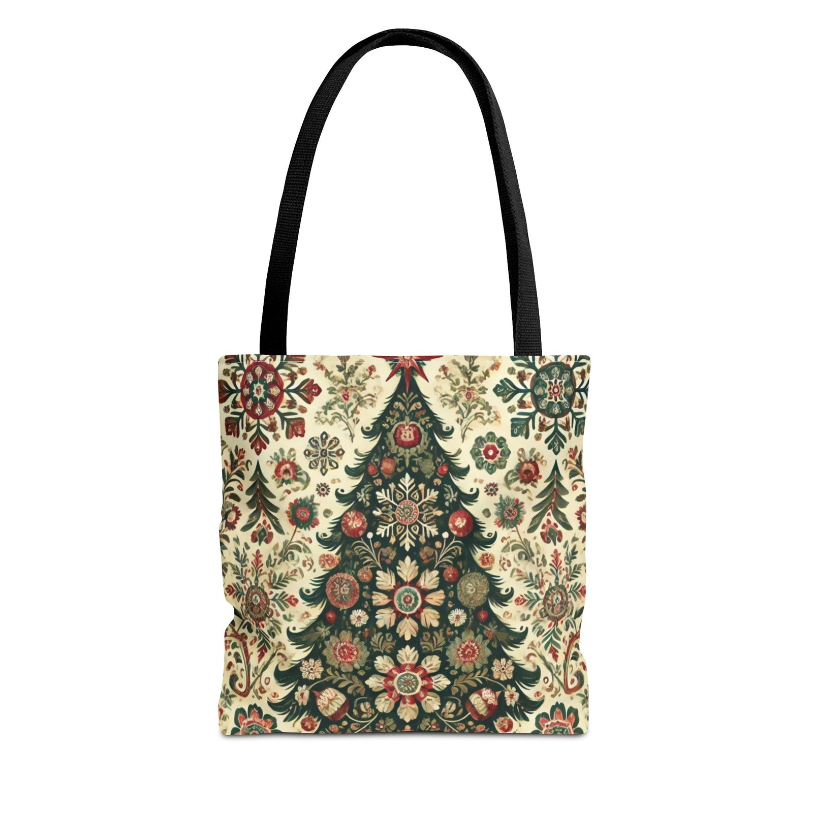The Vintage Christmas Trees Polish Folk Art Pattern Tote Bag features festive Christmas trees with floral and snowflake designs on a cream background. This durable polyester tote has sturdy black handles and comes in black color.