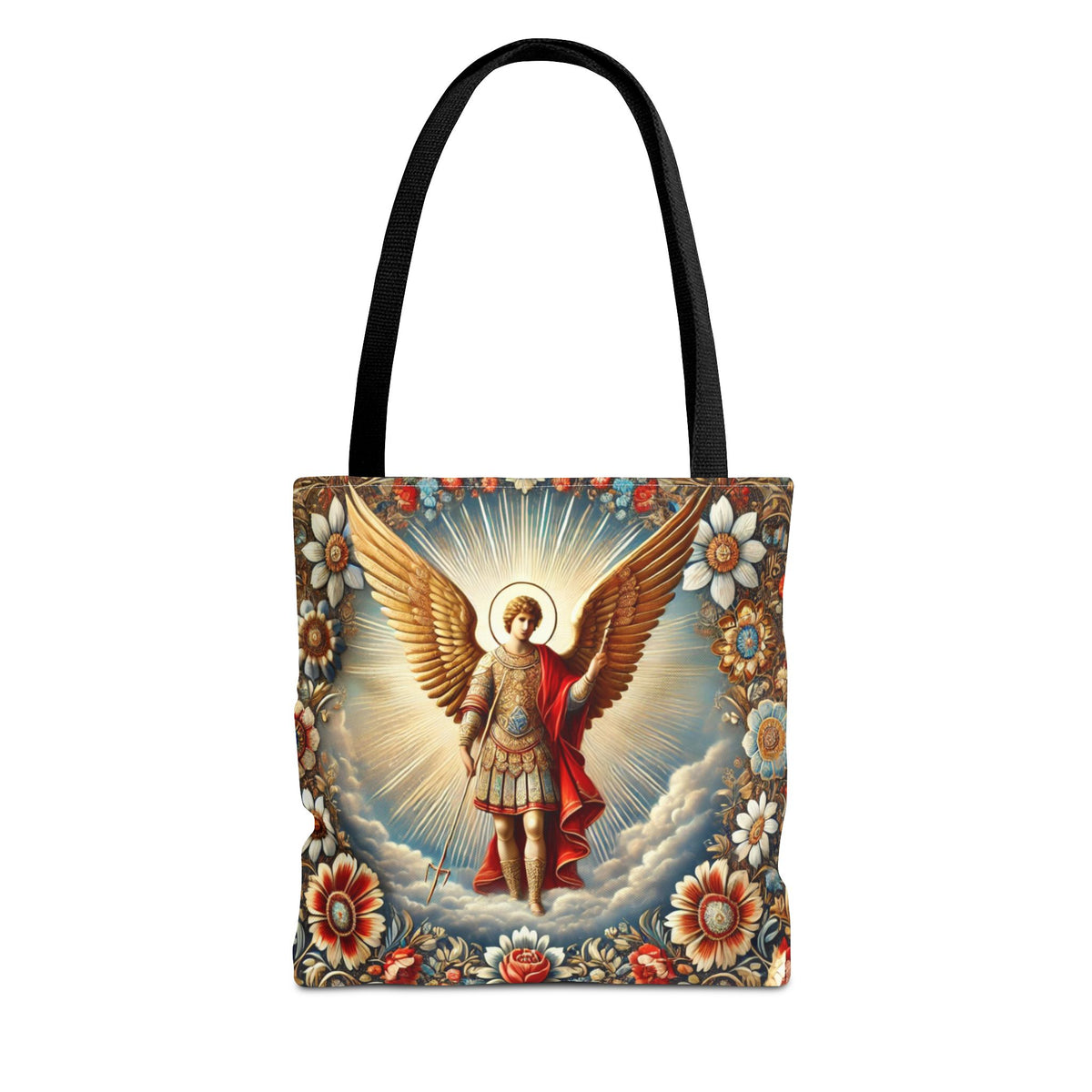 The Archangel Michael Heavens Gate Biblical Tote Bag in black features a detailed angel with golden wings, red cape, and armor amid clouds and vibrant flowers—perfect for fans of unique custom bags.