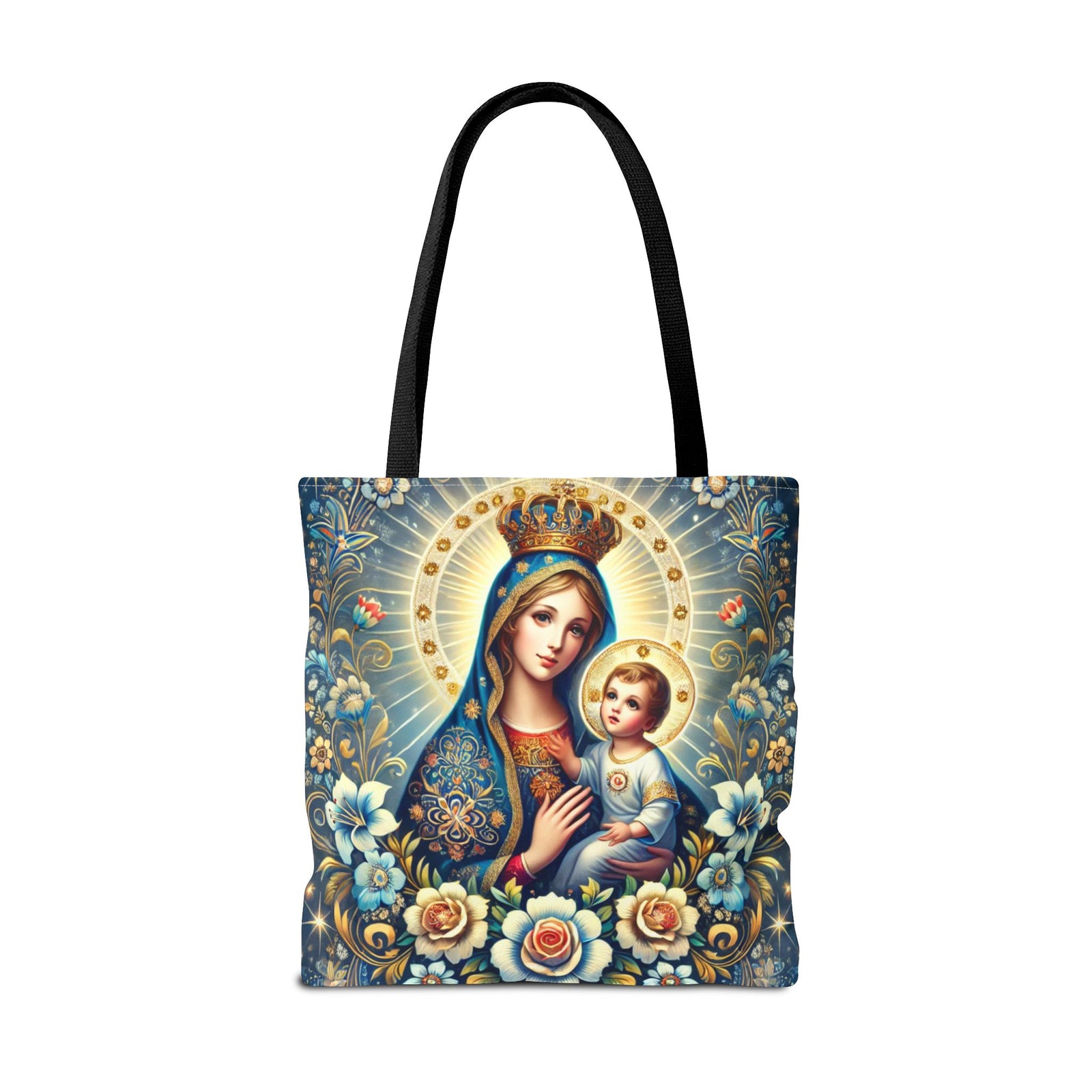 Virgin Mary Baby Jesus Floral Folk Art Tote Bag