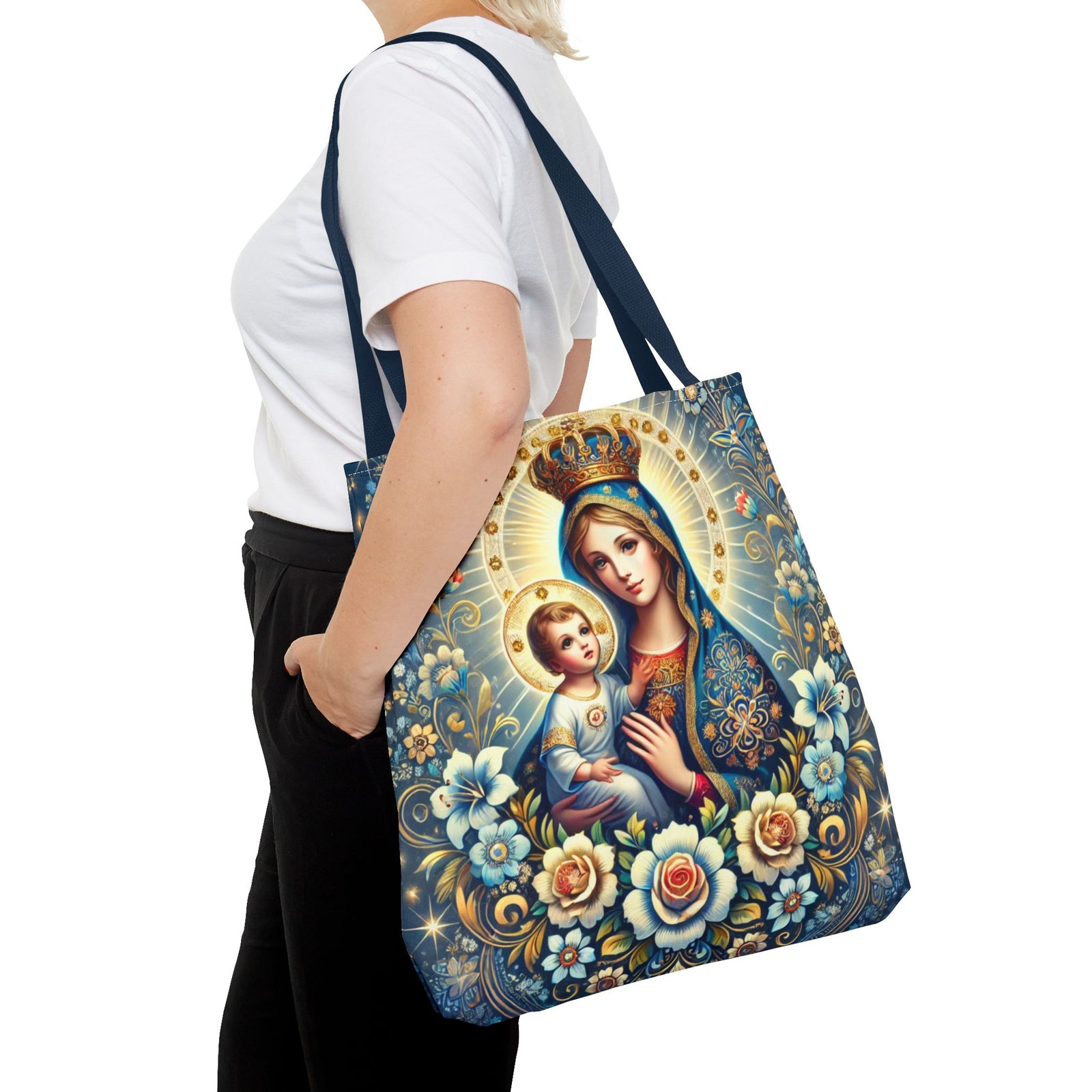 Virgin Mary Baby Jesus Floral Folk Art Tote Bag