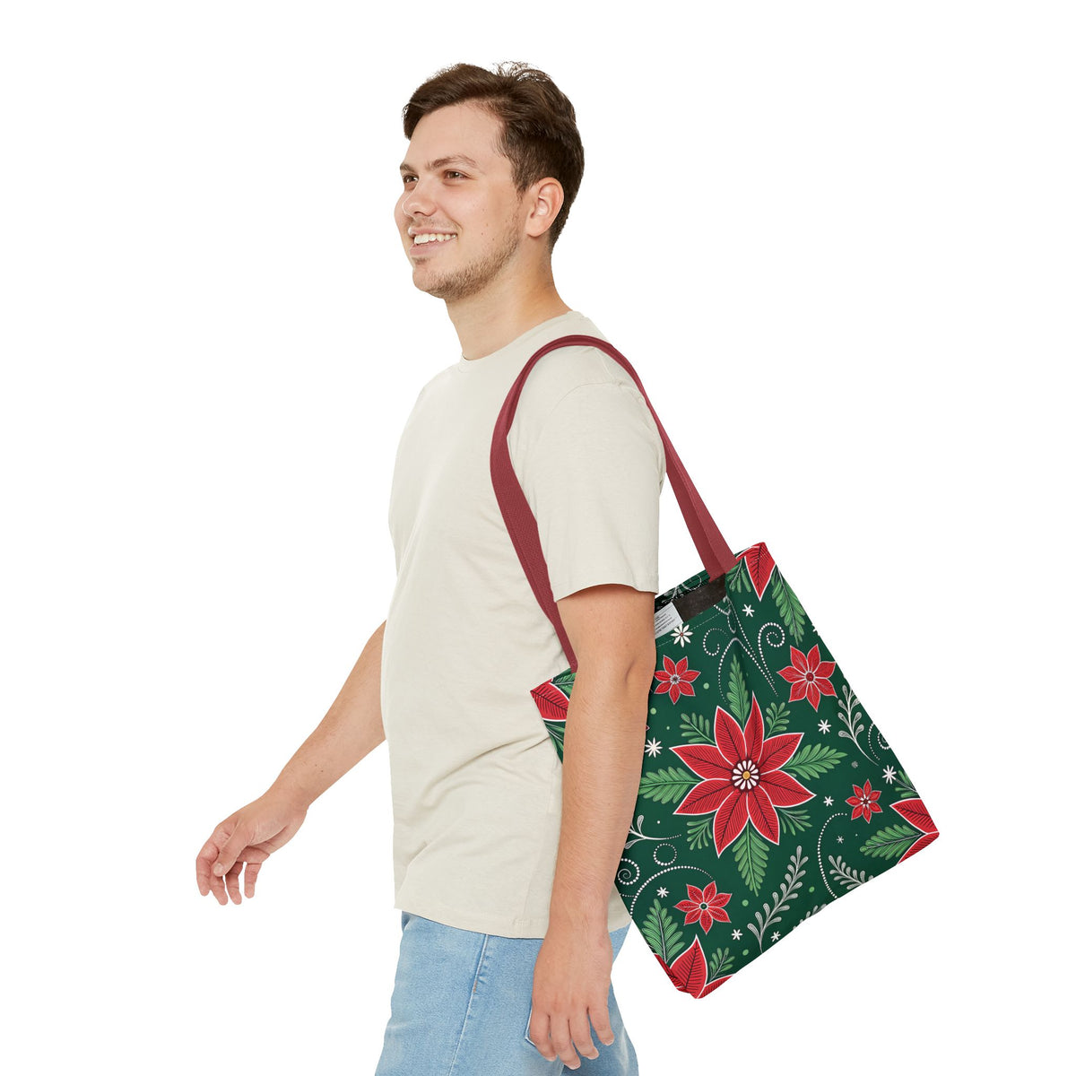 Christmas Poinsettia Folk Art Tote Bag