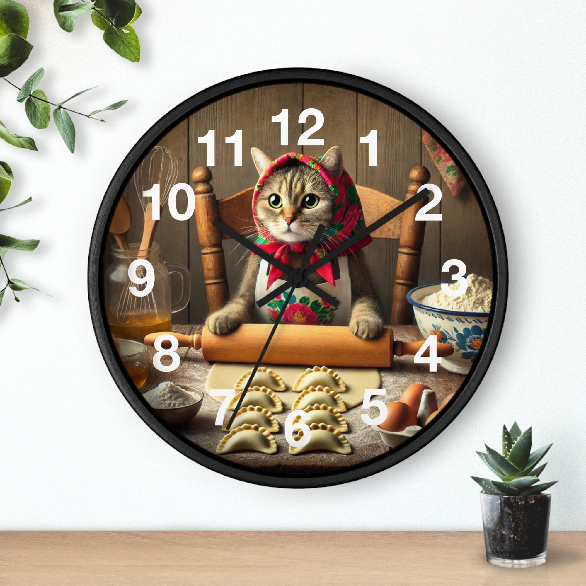 Babushka Cat Making Pierogi Wall Clock