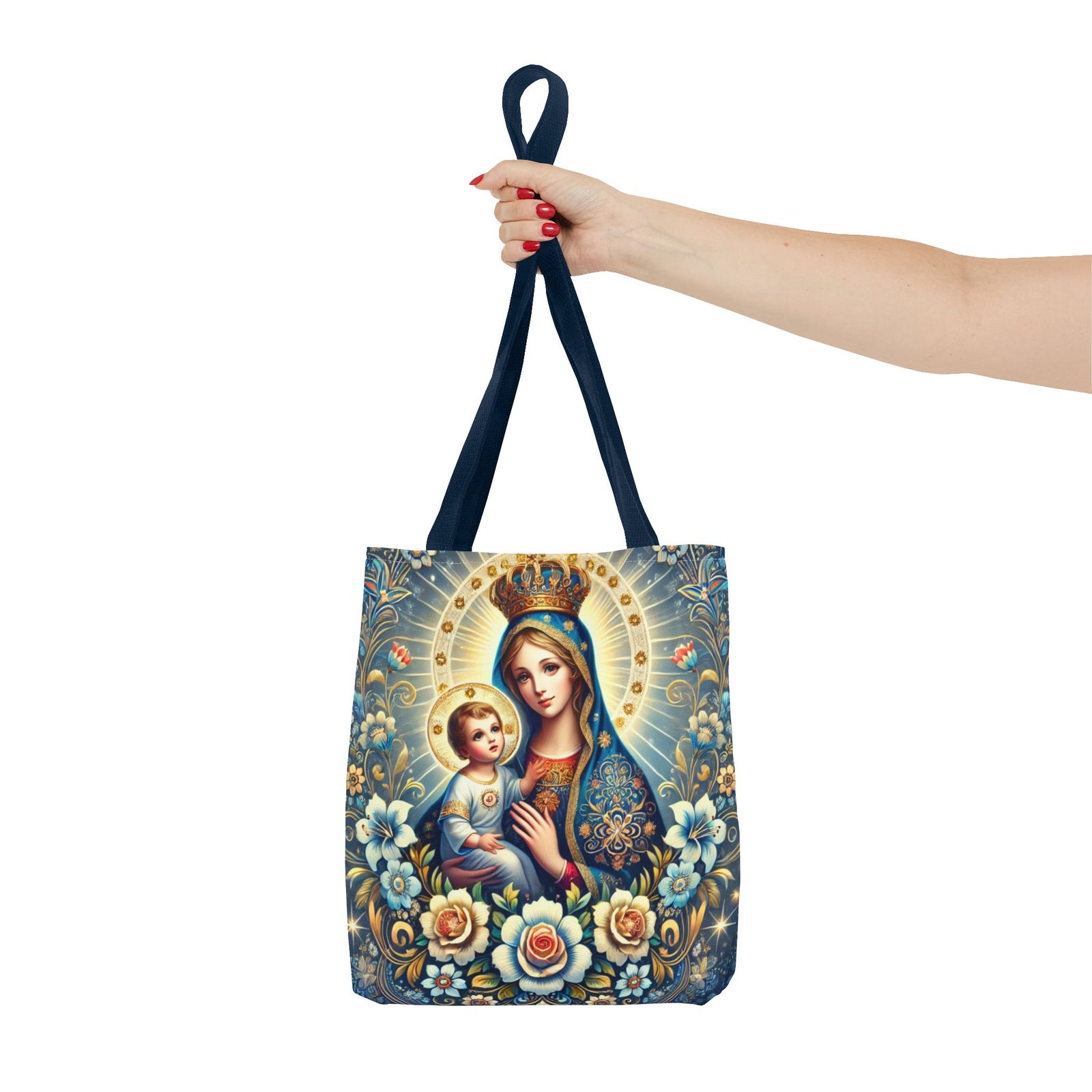 Virgin Mary Baby Jesus Floral Folk Art Tote Bag