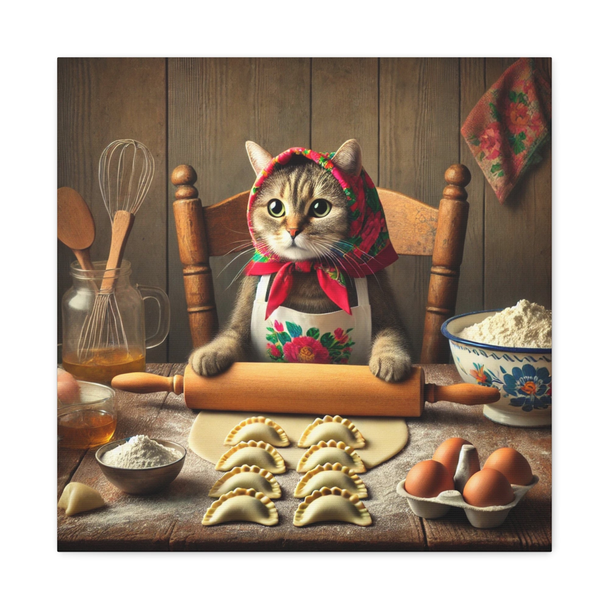 Babushka Cat Making Pierogi Matte Canvas, Stretched, 1.25"