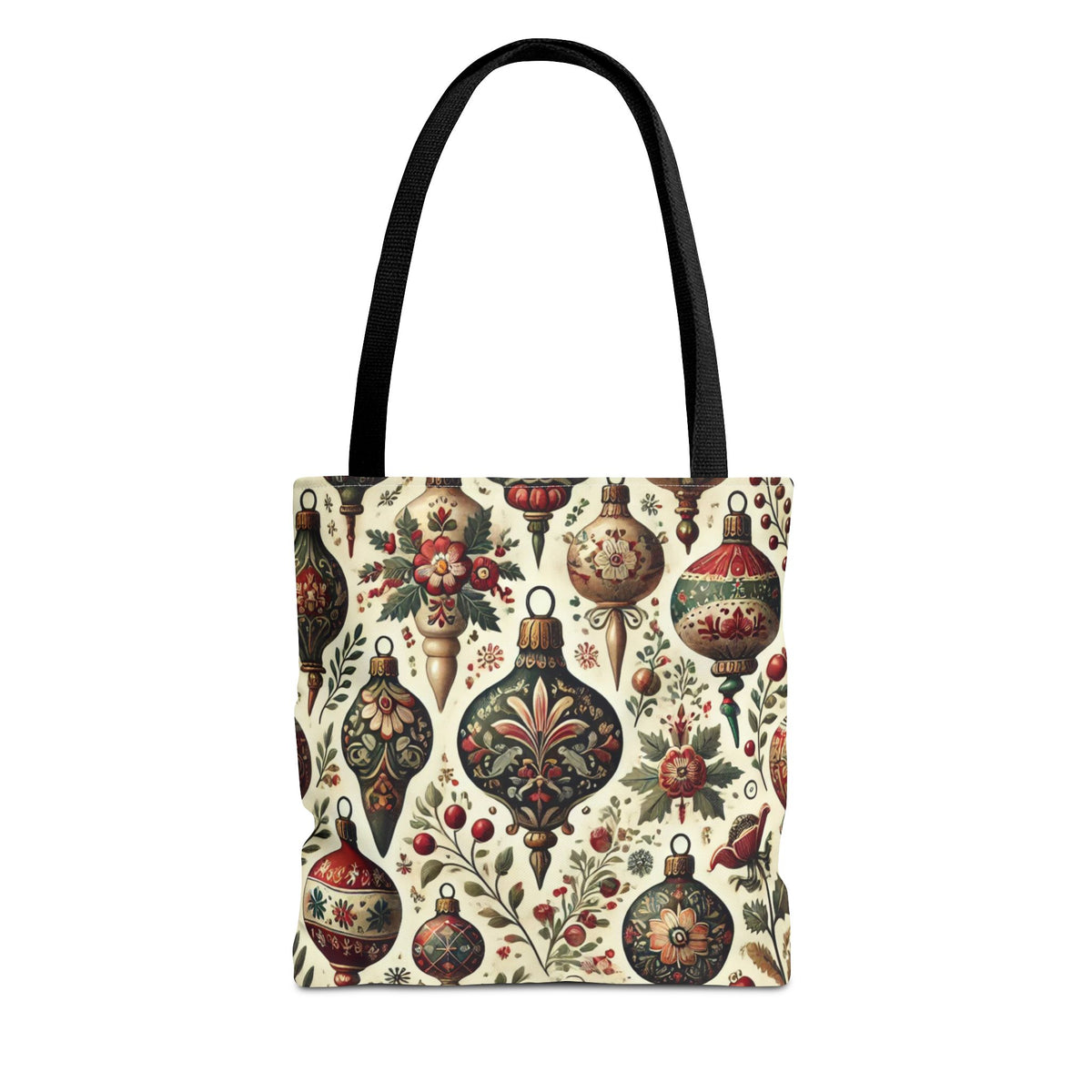 The Vintage Christmas Bulbs Festive Holiday Tote Bag in black features a durable polyester build and a festive pattern of vintage Christmas ornaments, holly branches, and red berries on a cream background.