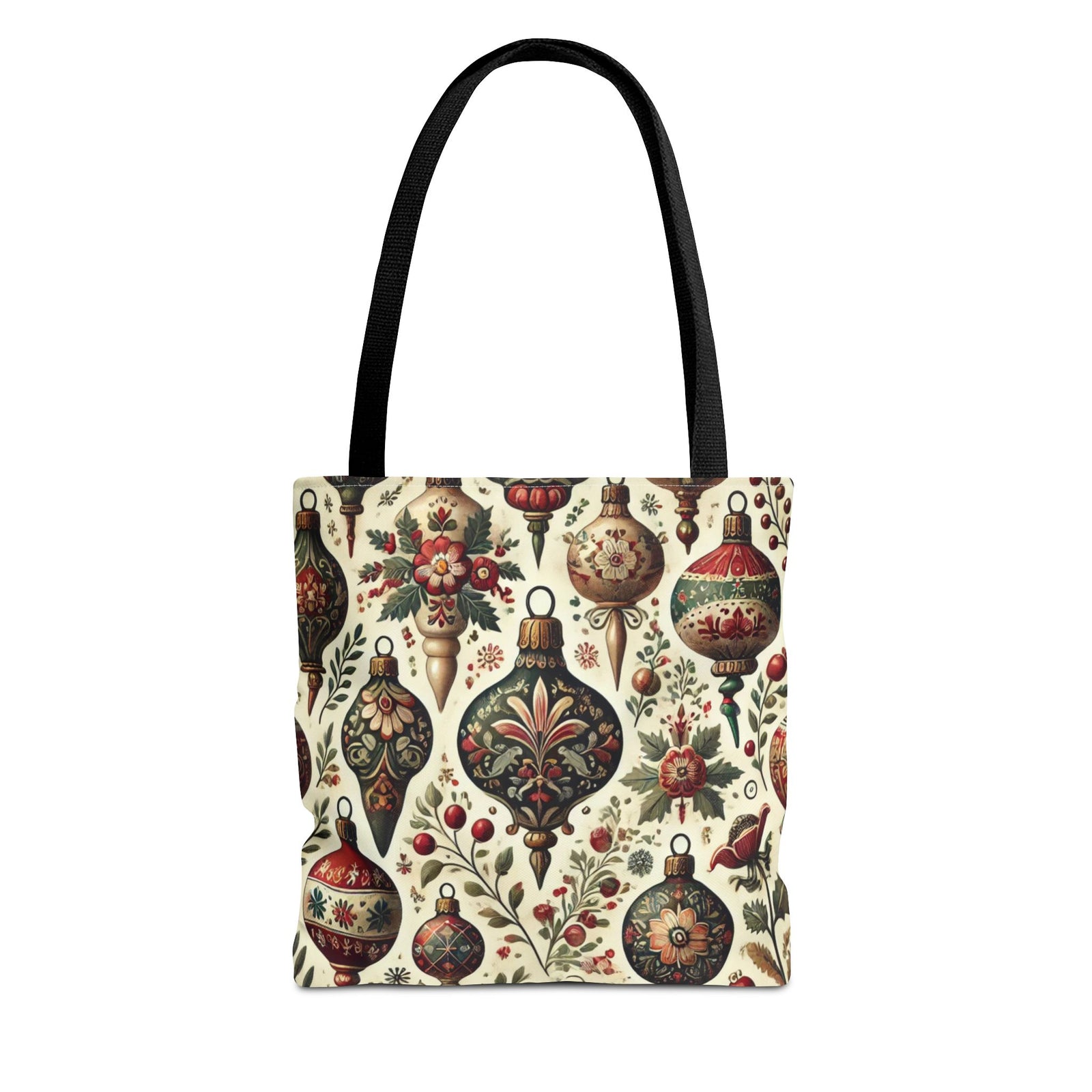 The Vintage Christmas Bulbs Festive Holiday Tote Bag in black features a durable polyester build and a festive pattern of vintage Christmas ornaments, holly branches, and red berries on a cream background.