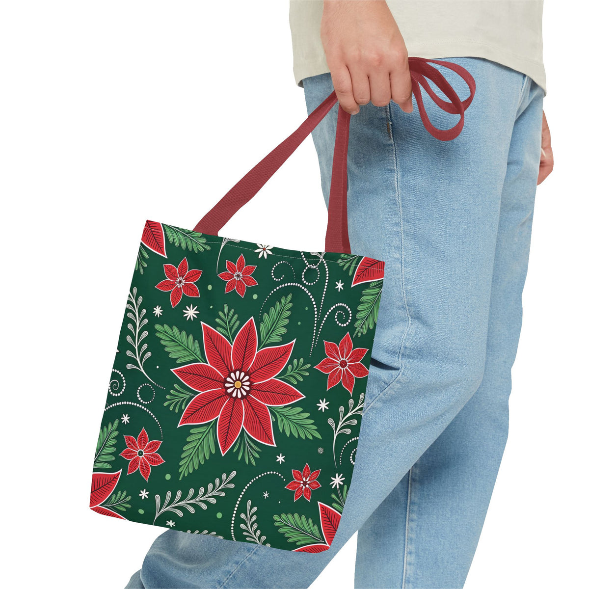 Christmas Poinsettia Folk Art Tote Bag