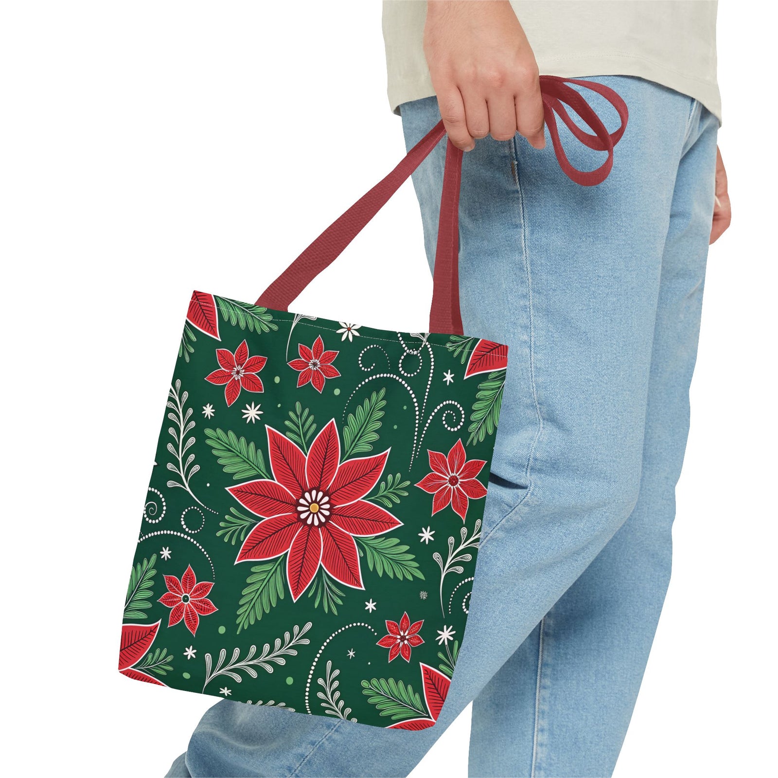 Christmas Poinsettia Folk Art Tote Bag