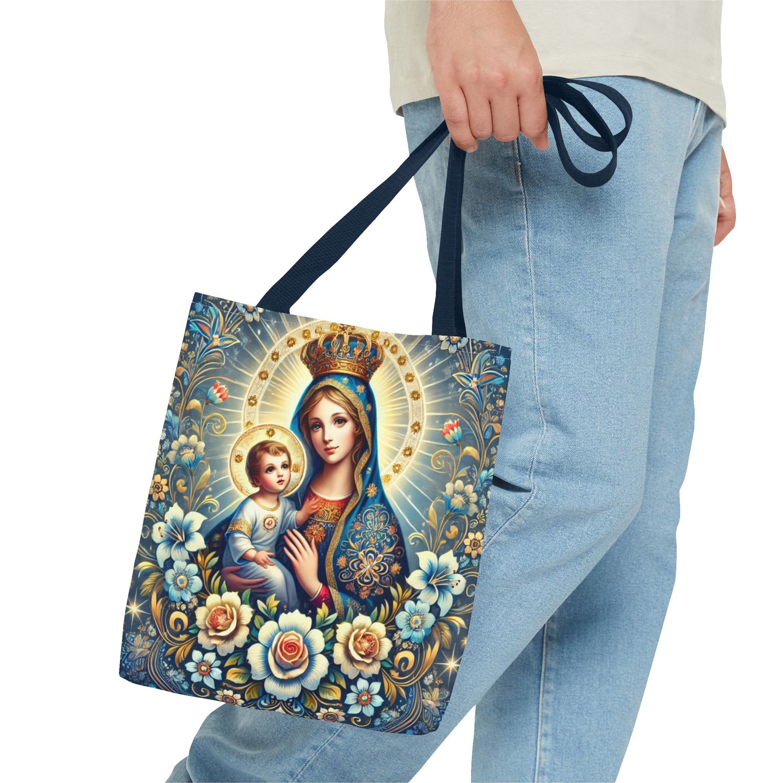 Virgin Mary Baby Jesus Floral Folk Art Tote Bag