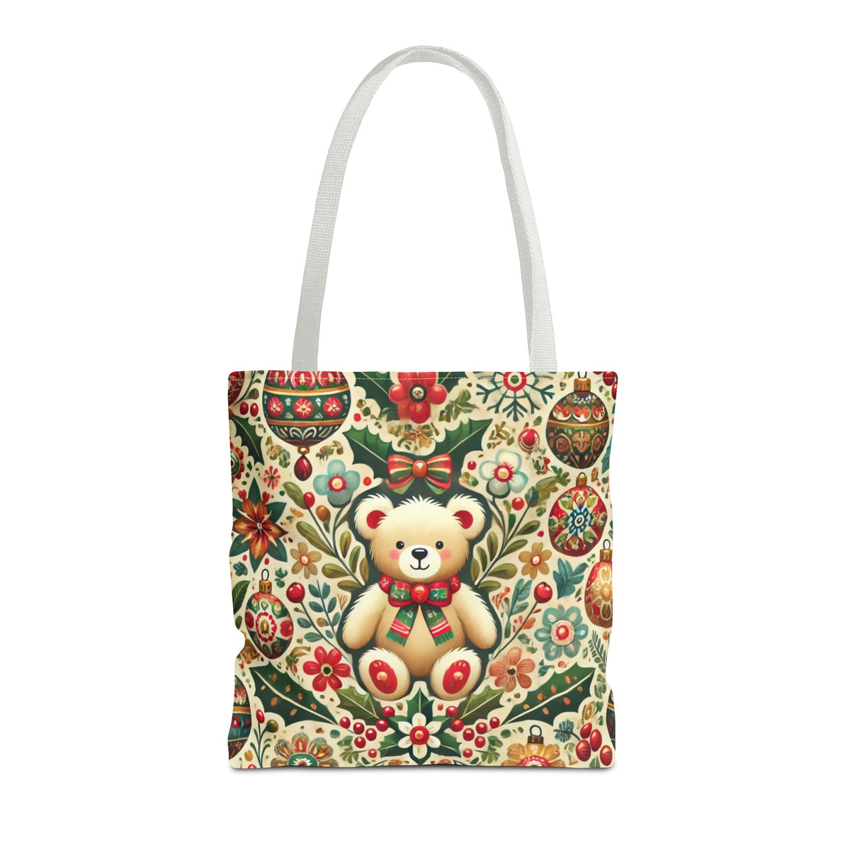 Festive Teddy Bear Folk Art Christmas Holiday Tote Bag