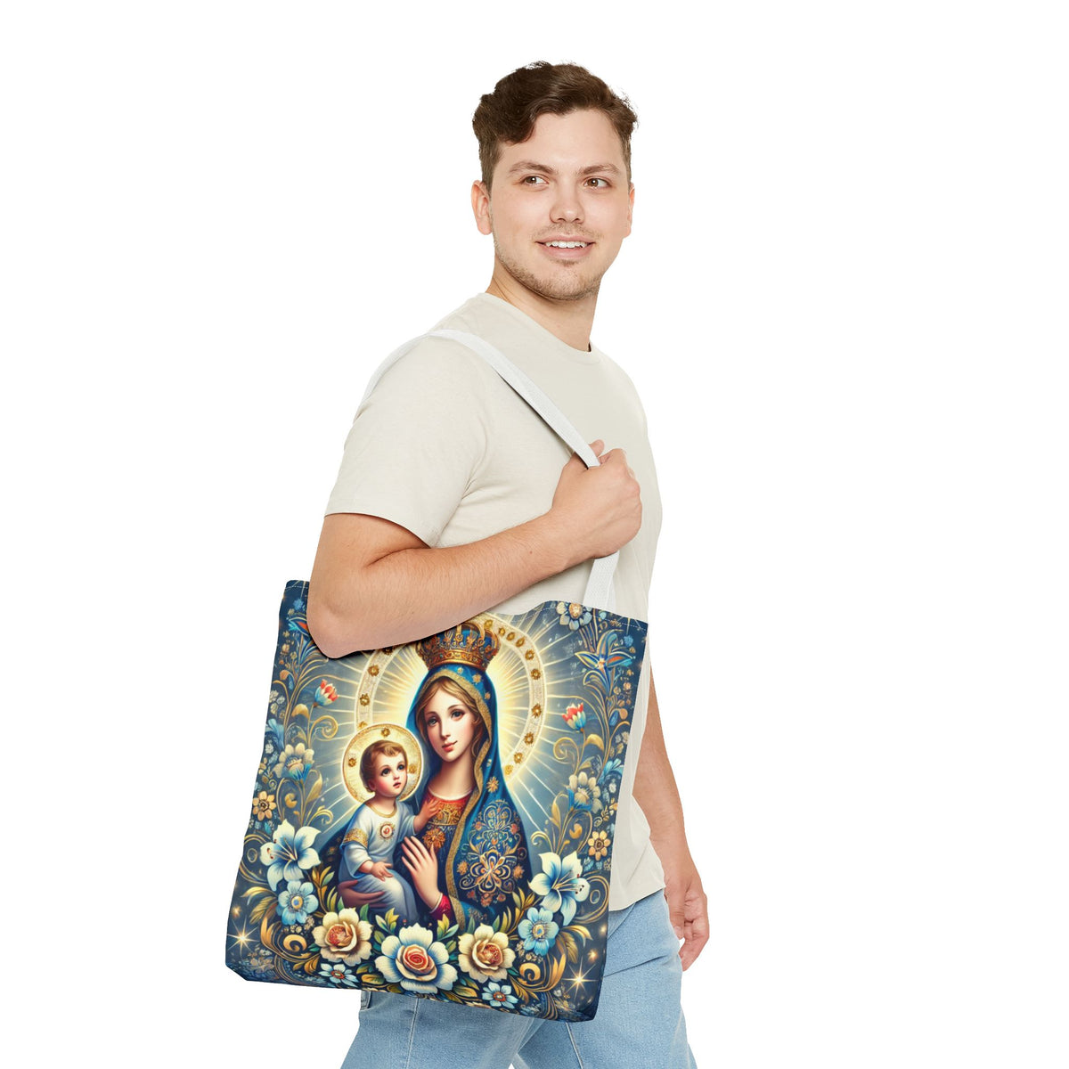 Virgin Mary Baby Jesus Floral Folk Art Tote Bag