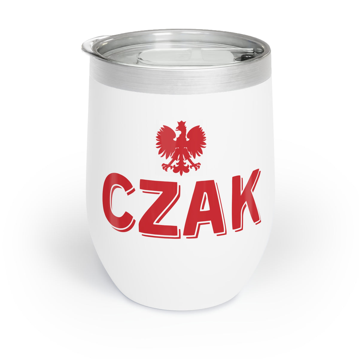 The CZAK Polish Surname Ending Wine Tumbler is a white stainless steel tumbler with a silver lid, featuring a red Polish eagle emblem above &quot;CZAK&quot; in bold red letters.