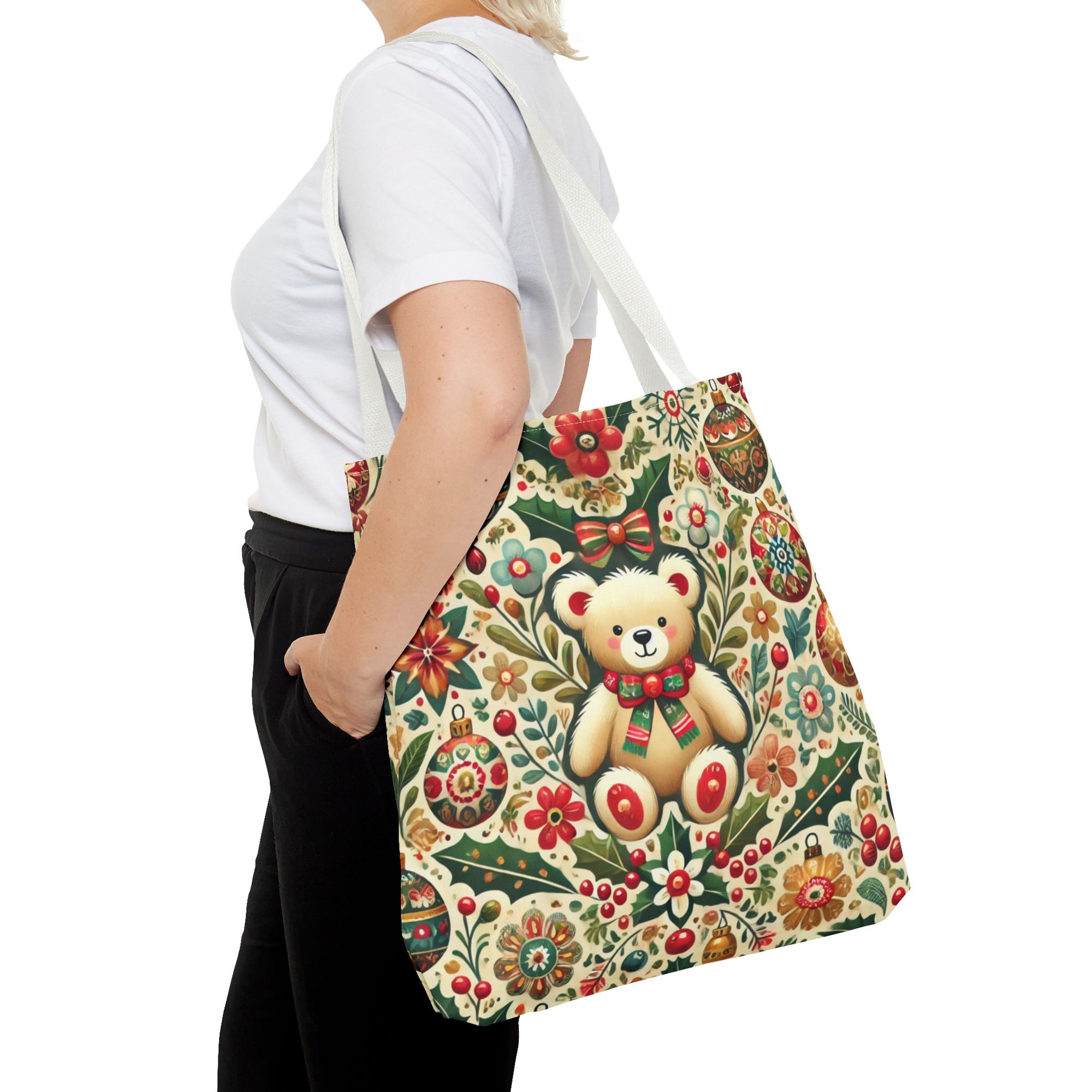 Festive Teddy Bear Folk Art Christmas Holiday Tote Bag
