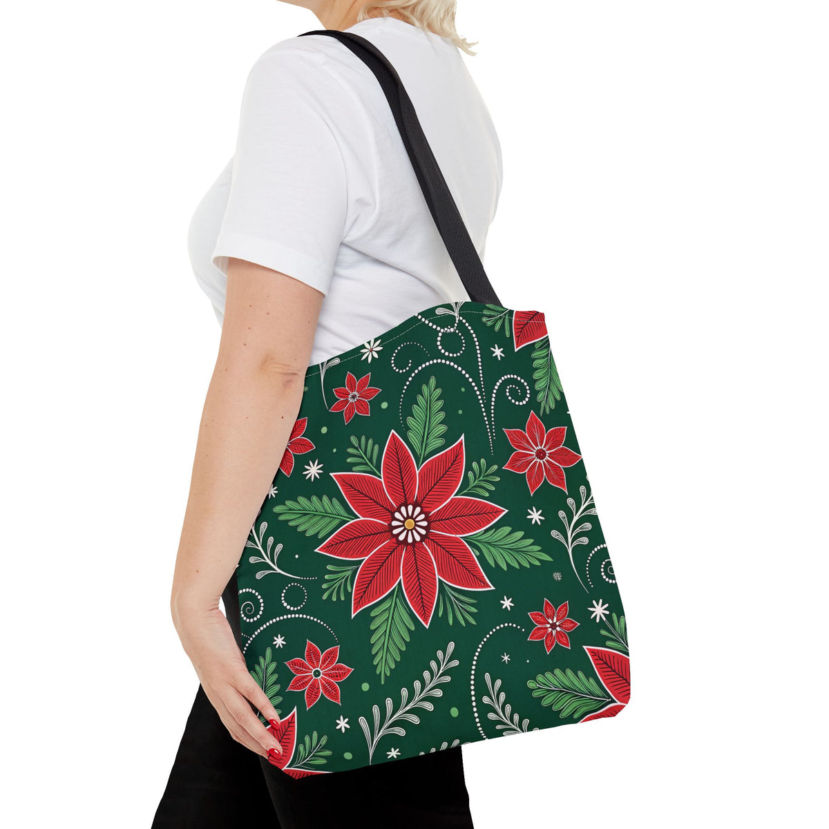 Christmas Poinsettia Folk Art Tote Bag