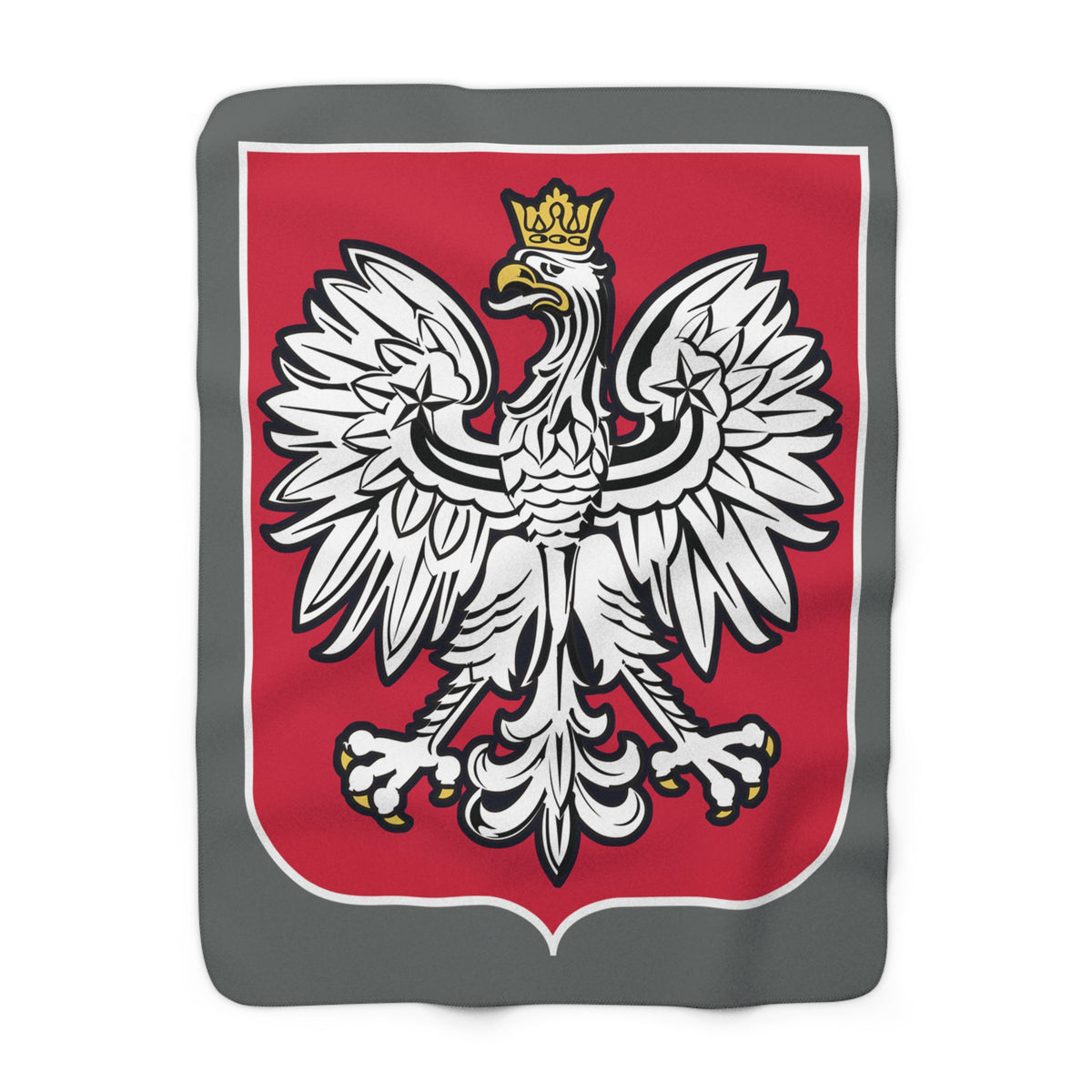 Featuring the iconic white crowned eagle with gold beak and talons on a red shield, the Poland Coat of Arms Sherpa Fleece Blanket adds a regal, distinctive touch to your decor.