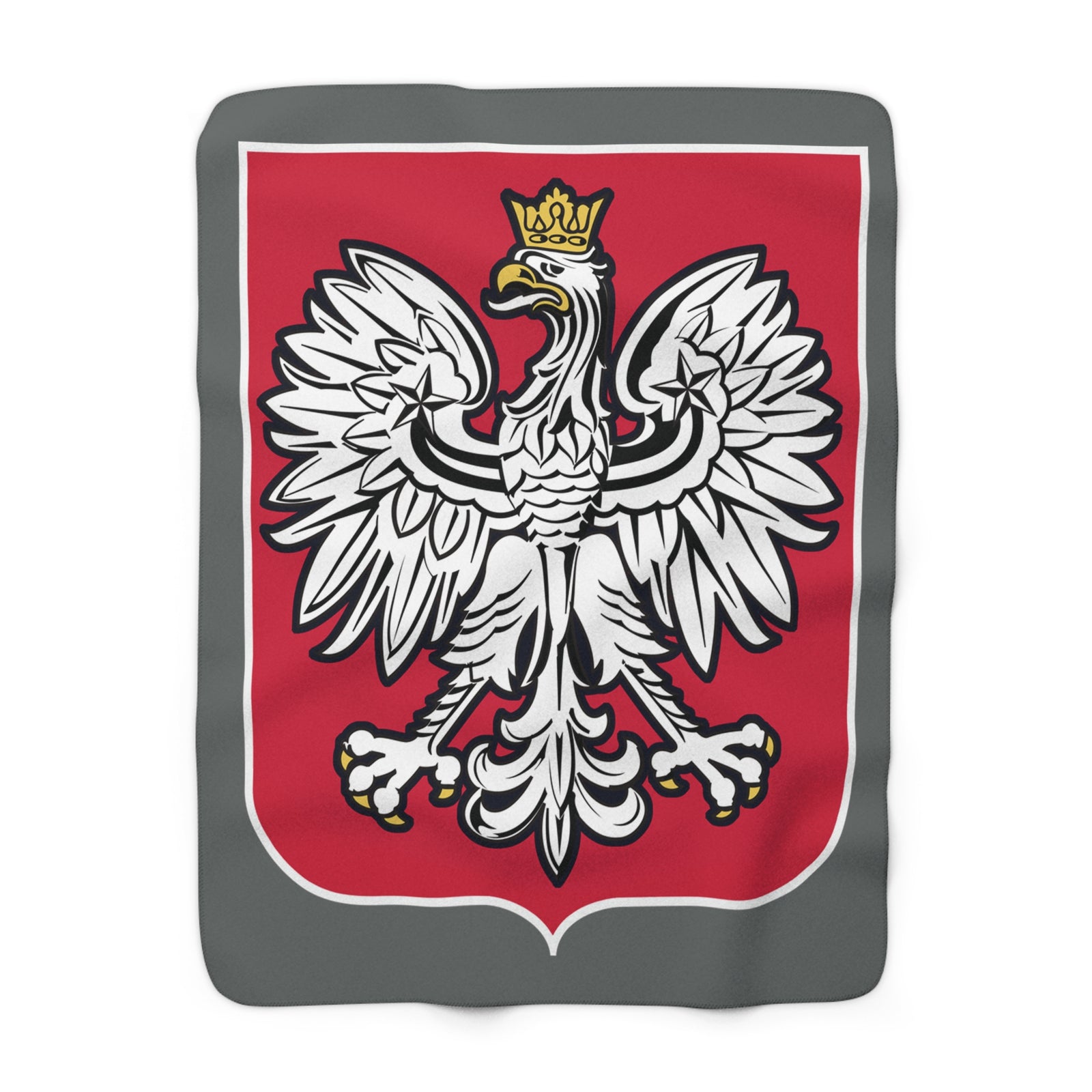 Featuring the iconic white crowned eagle with gold beak and talons on a red shield, the Poland Coat of Arms Sherpa Fleece Blanket adds a regal, distinctive touch to your decor.