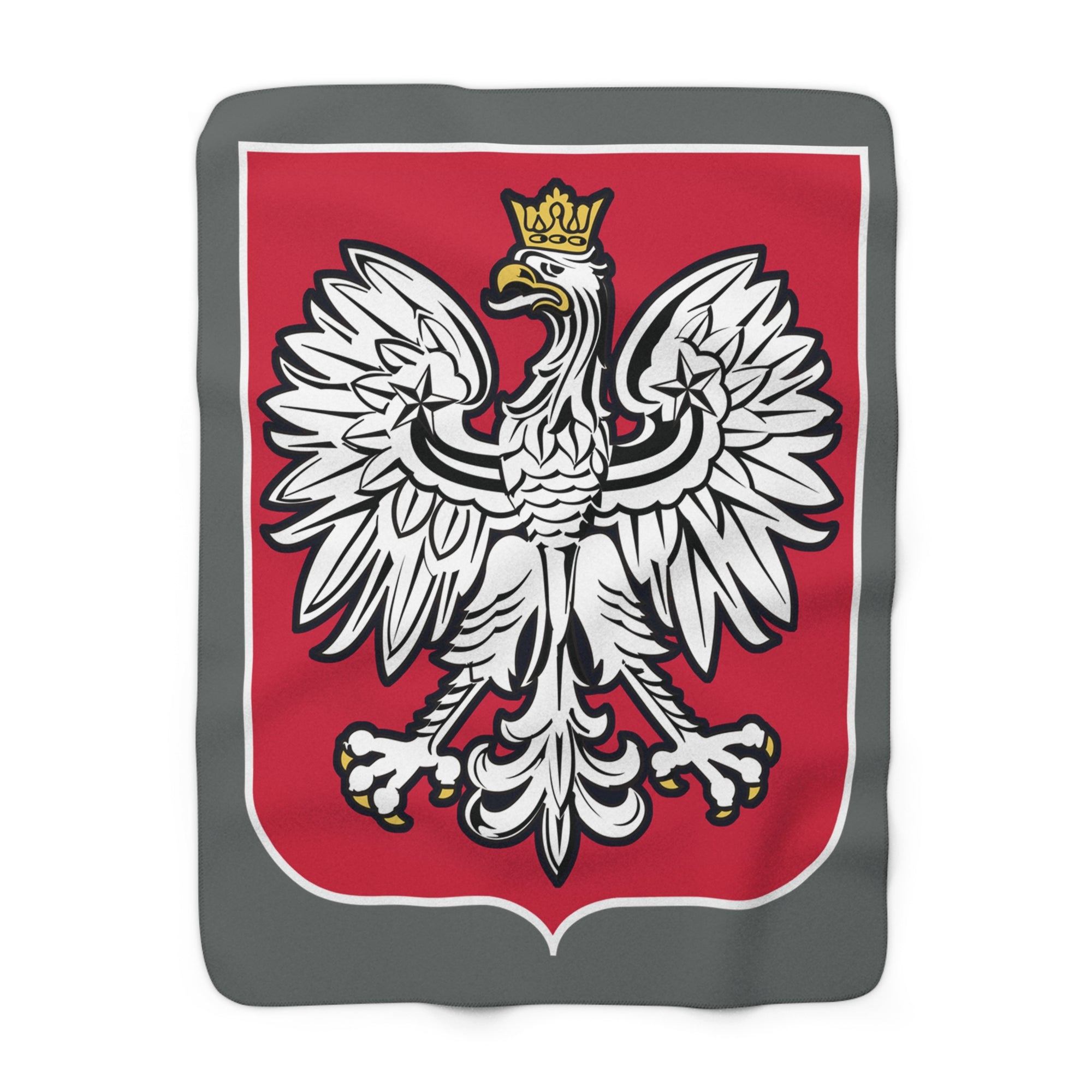 Featuring the iconic white crowned eagle with gold beak and talons on a red shield, the Poland Coat of Arms Sherpa Fleece Blanket adds a regal, distinctive touch to your decor.