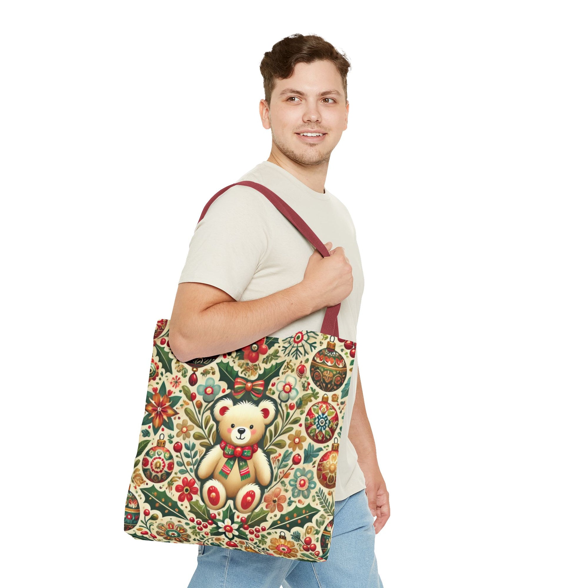 Festive Teddy Bear Folk Art Christmas Holiday Tote Bag