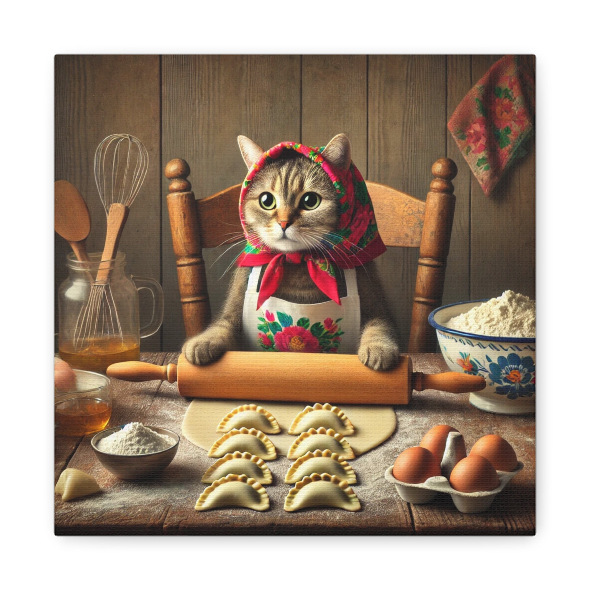 Babushka Cat Making Pierogi Matte Canvas, Stretched, 1.25"