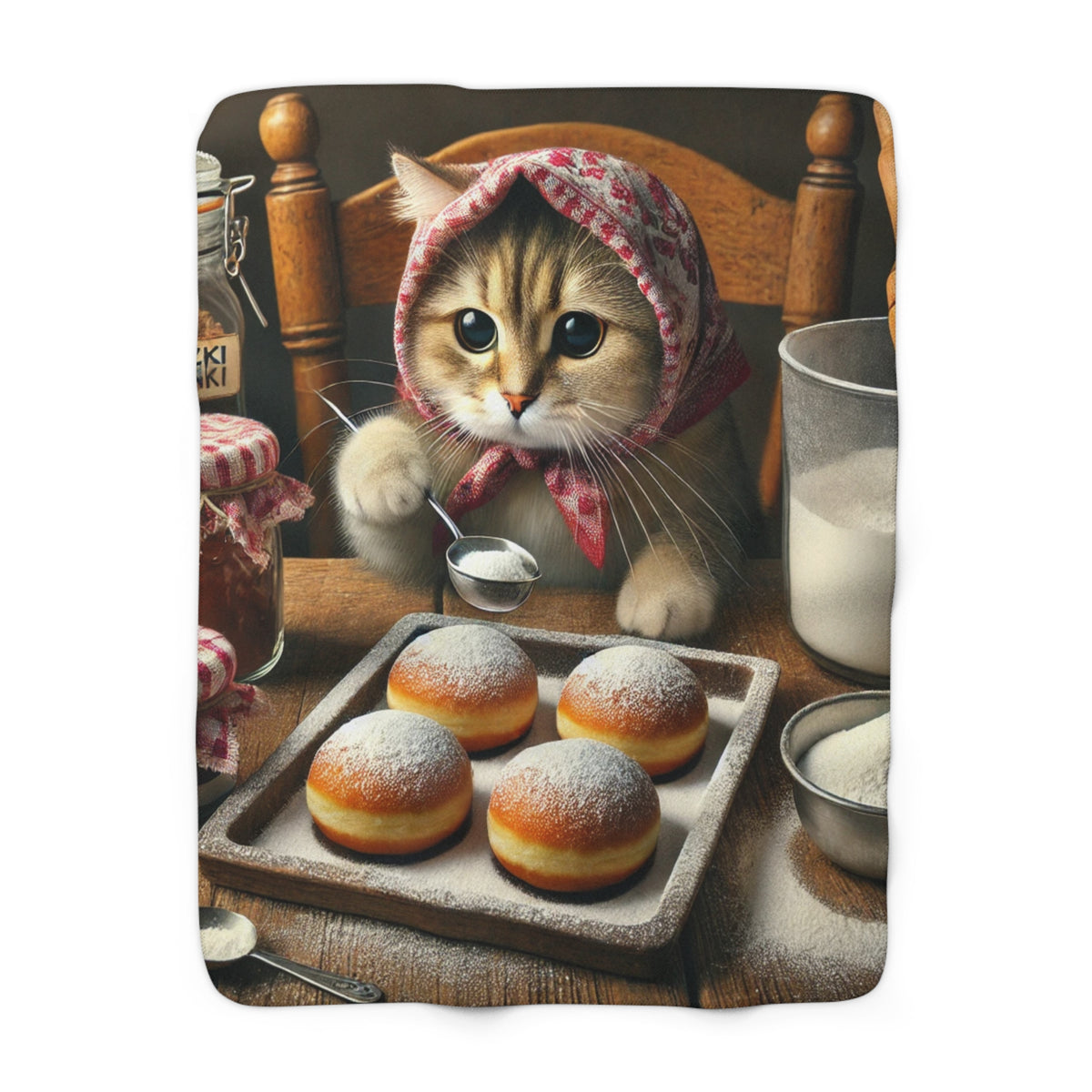A cute cat in a headscarf sits at a table making paczki, surrounded by baking ingredients—the perfect cozy scene featured on the Polish Cat Making Paczki Sherpa Fleece Blanket for cat and pastry lovers.