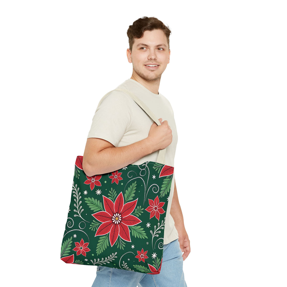 Christmas Poinsettia Folk Art Tote Bag