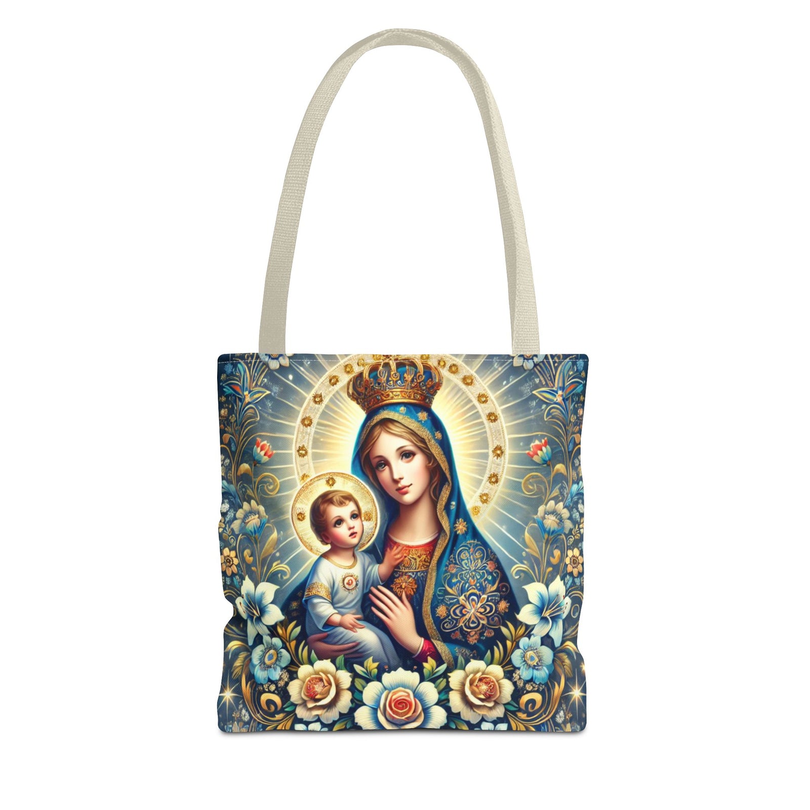 Virgin Mary Baby Jesus Floral Folk Art Tote Bag