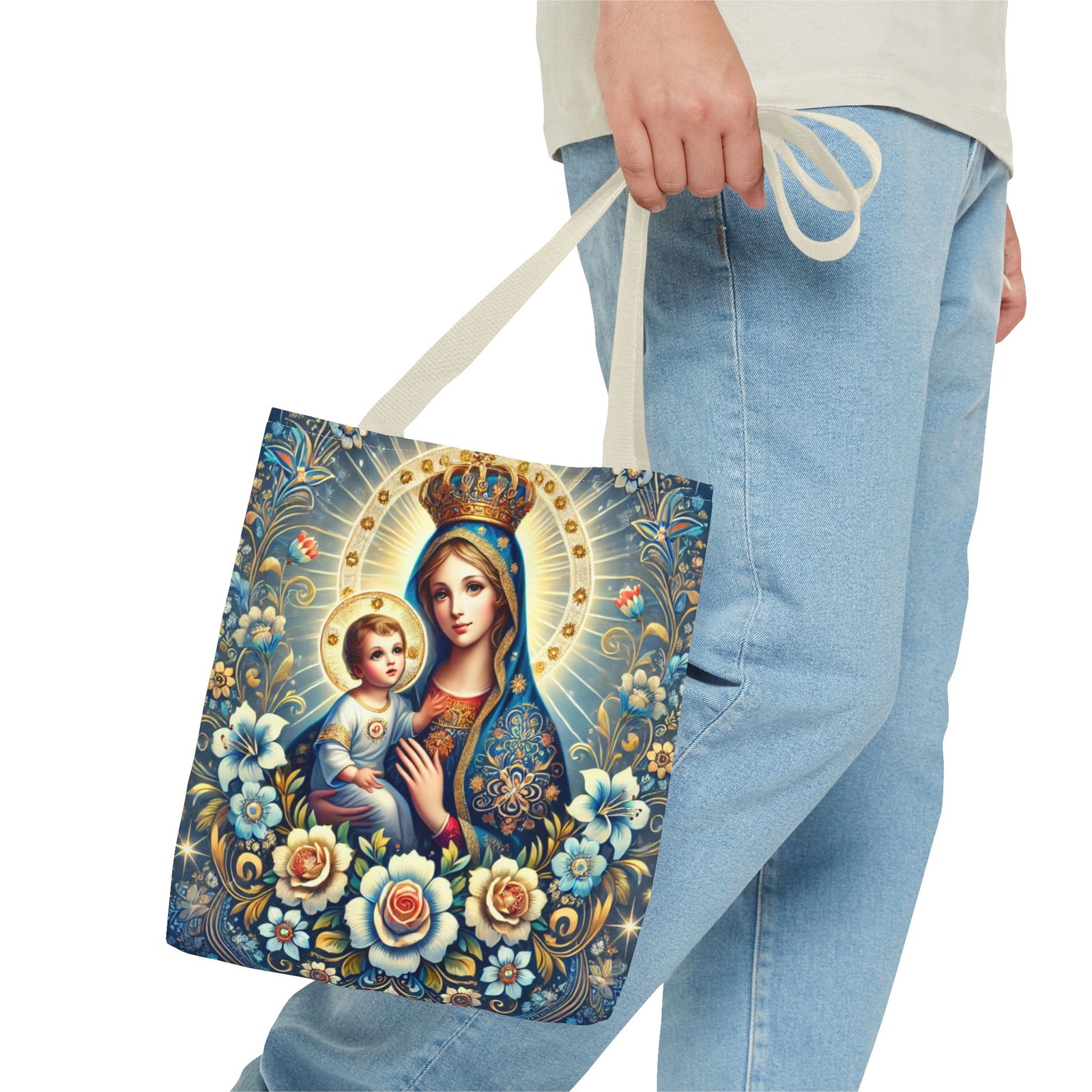 Virgin Mary Baby Jesus Floral Folk Art Tote Bag