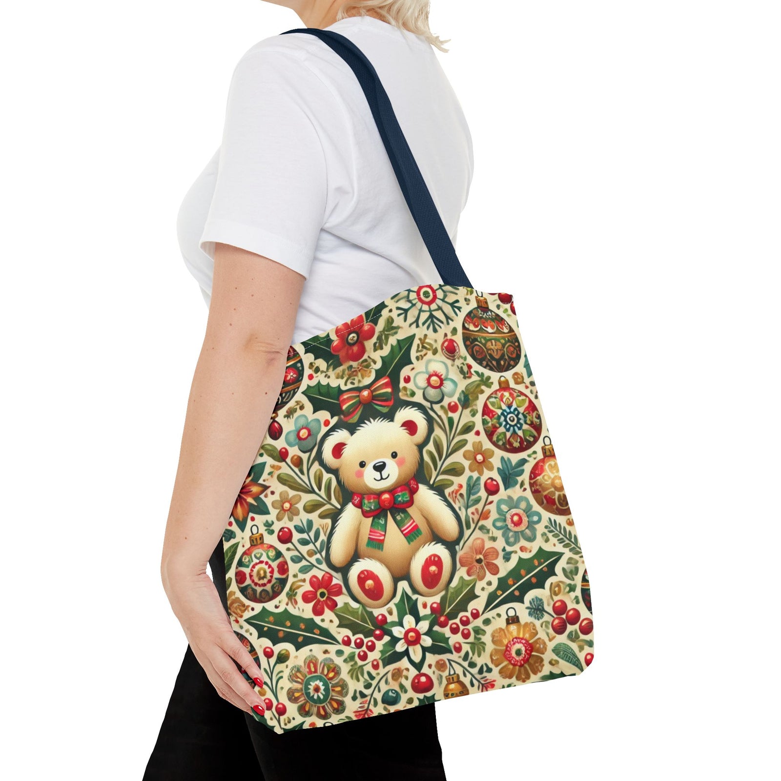 Festive Teddy Bear Folk Art Christmas Holiday Tote Bag