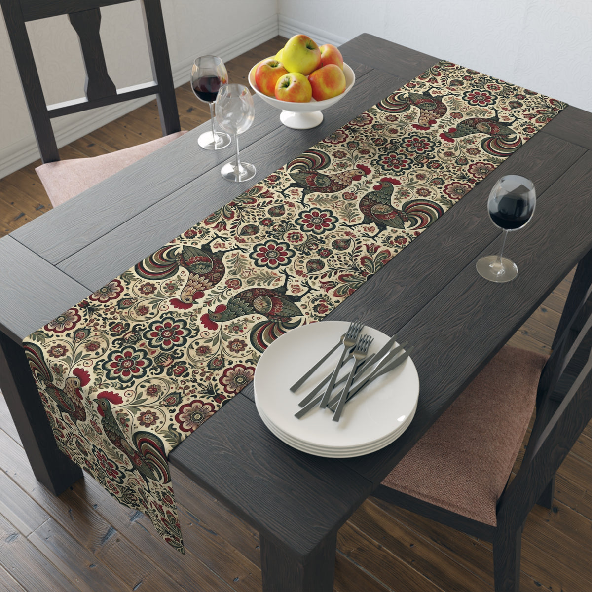 Retro Themed Polish Wycinanki Rooster Floral Table Runner