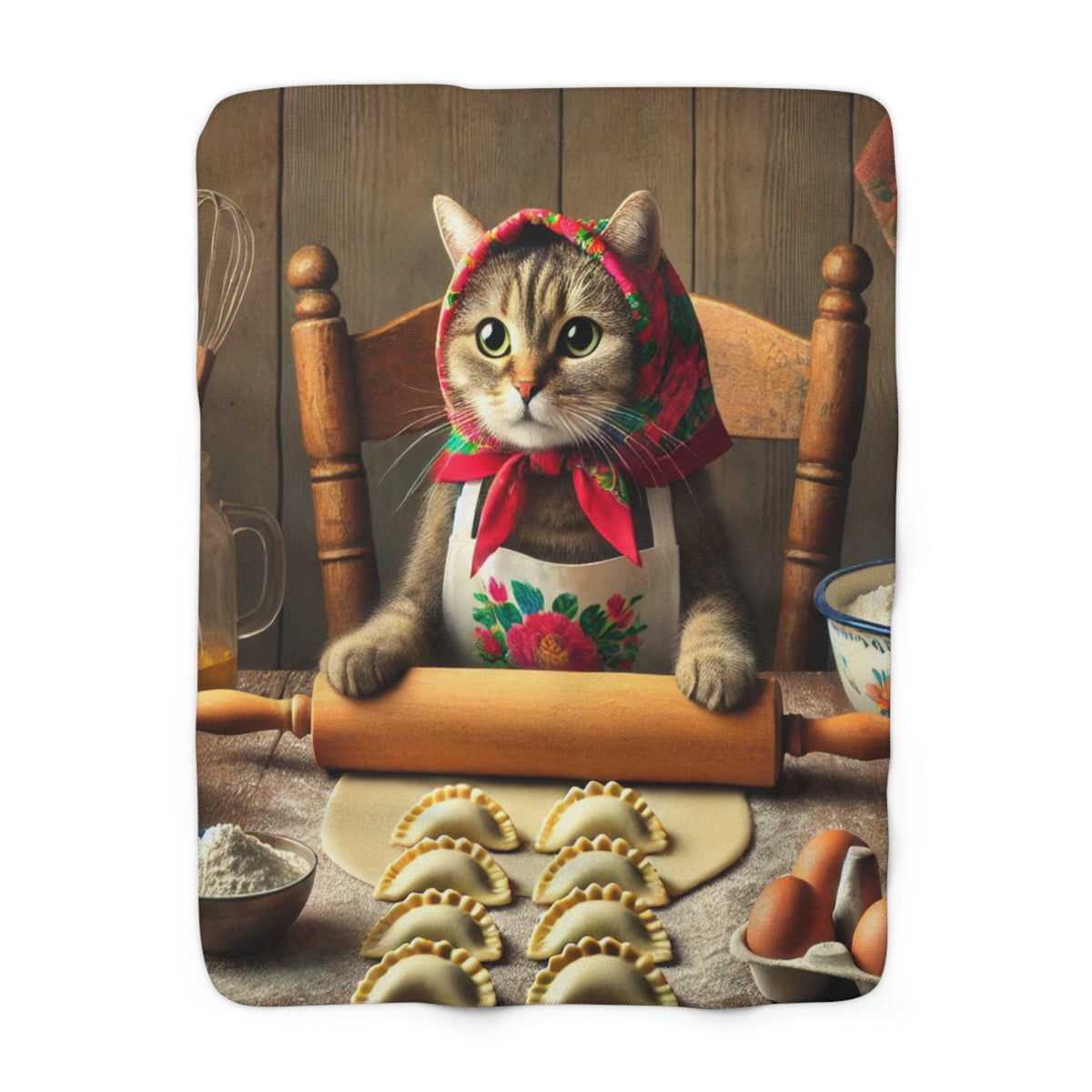 A cat dons a floral scarf and apron, sits with a rolling pin at a table surrounded by raw dumplings, eggs, flour, and the Cozy Cat-Themed Sherpa Fleece Blanket for Cat Lovers, creating an extra homey cooking scene.