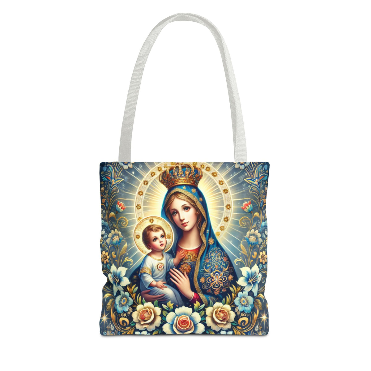 Virgin Mary Baby Jesus Floral Folk Art Tote Bag