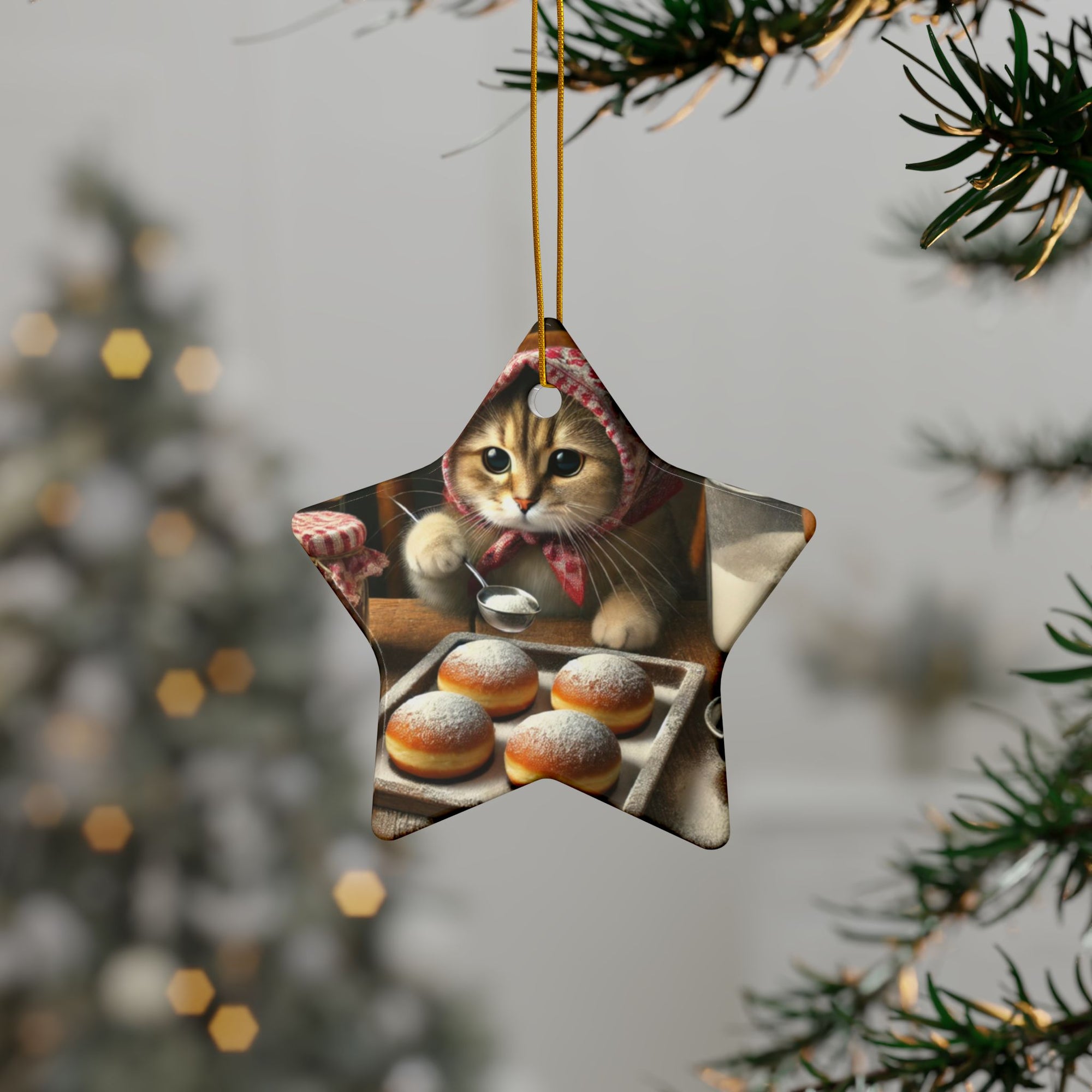 Babushka Cat Making Paczki Ceramic Ornaments