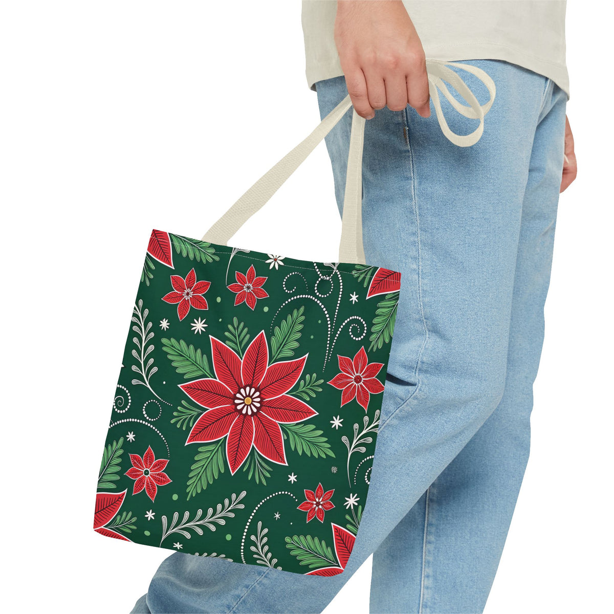 Christmas Poinsettia Folk Art Tote Bag