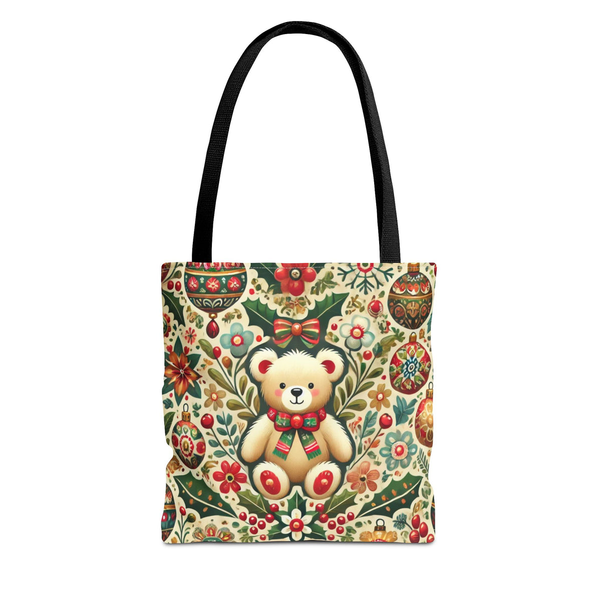 The Festive Teddy Bear Folk Art Christmas Holiday Tote Bag features black handles and a charming teddy bear in a red and green scarf amid holiday florals, making this durable polyester tote perfect for spreading cheer.