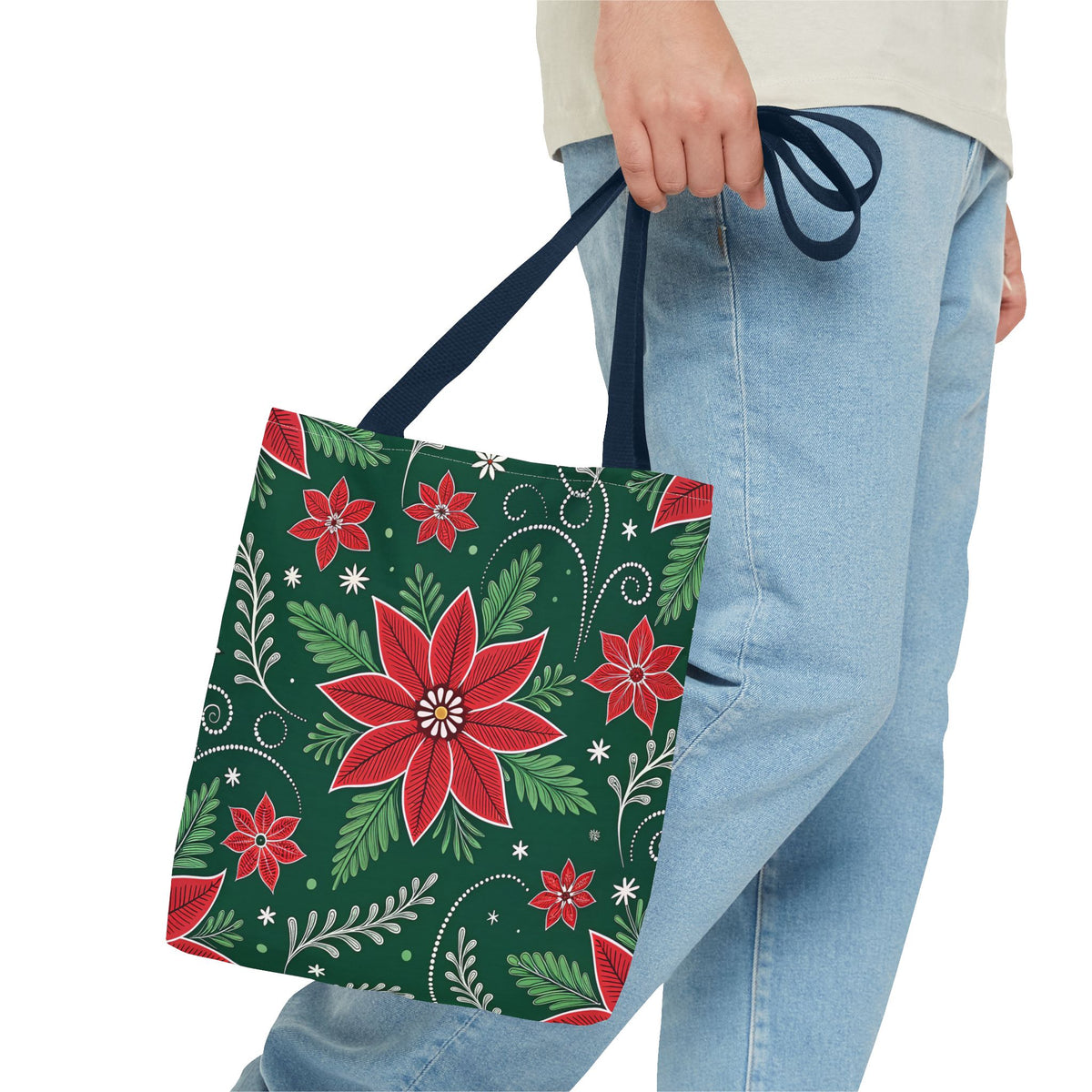 Christmas Poinsettia Folk Art Tote Bag