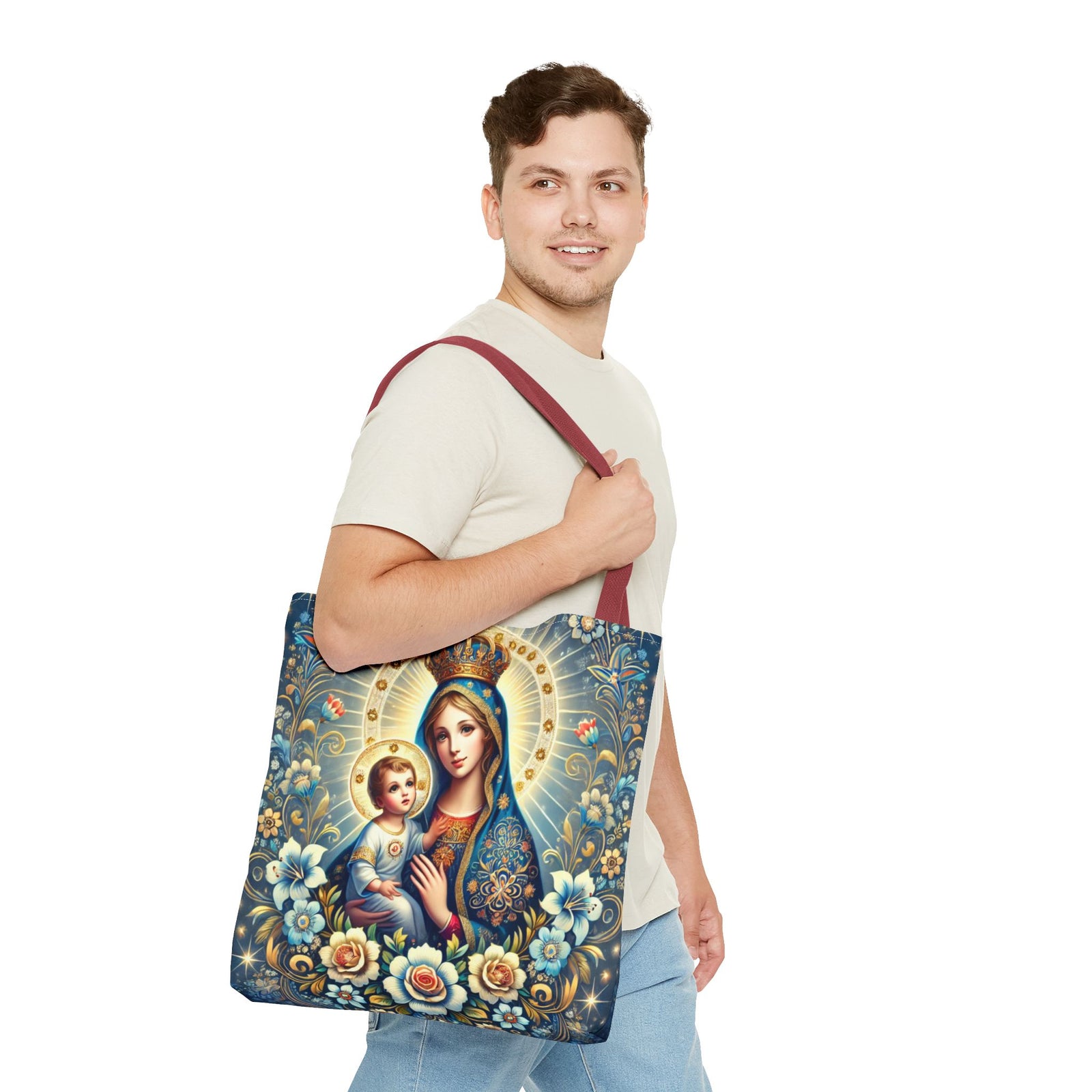 Virgin Mary Baby Jesus Floral Folk Art Tote Bag