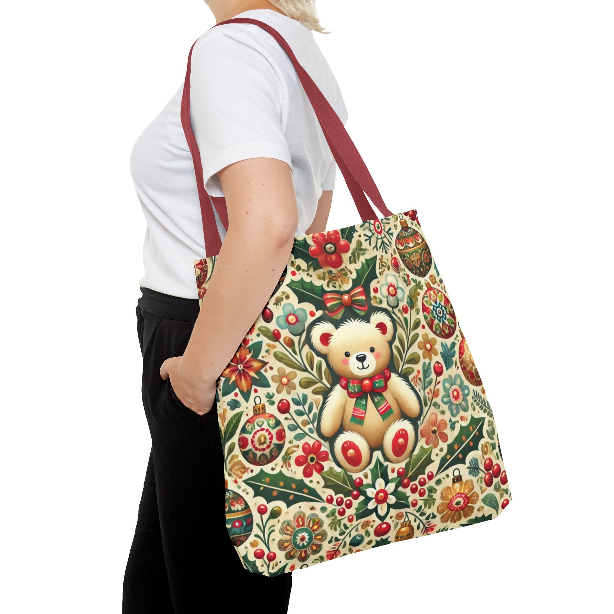 Festive Teddy Bear Folk Art Christmas Holiday Tote Bag
