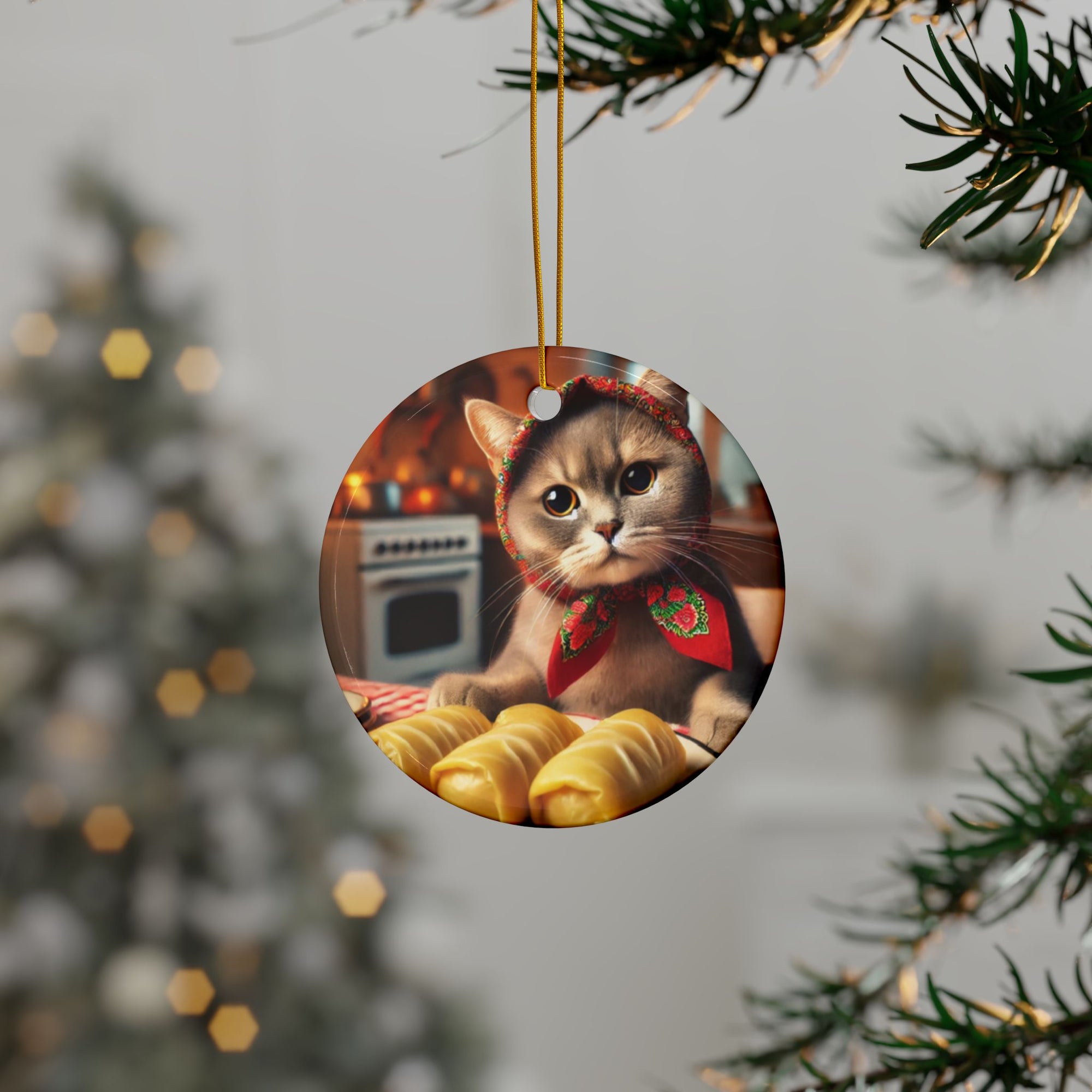 The Polish Cat Making Golabki Ornament is a round ceramic piece for Christmas trees, showing a festive cat in a red scarf with croissants in a cozy kitchen—perfect holiday decor and a charming gift for cat lovers.